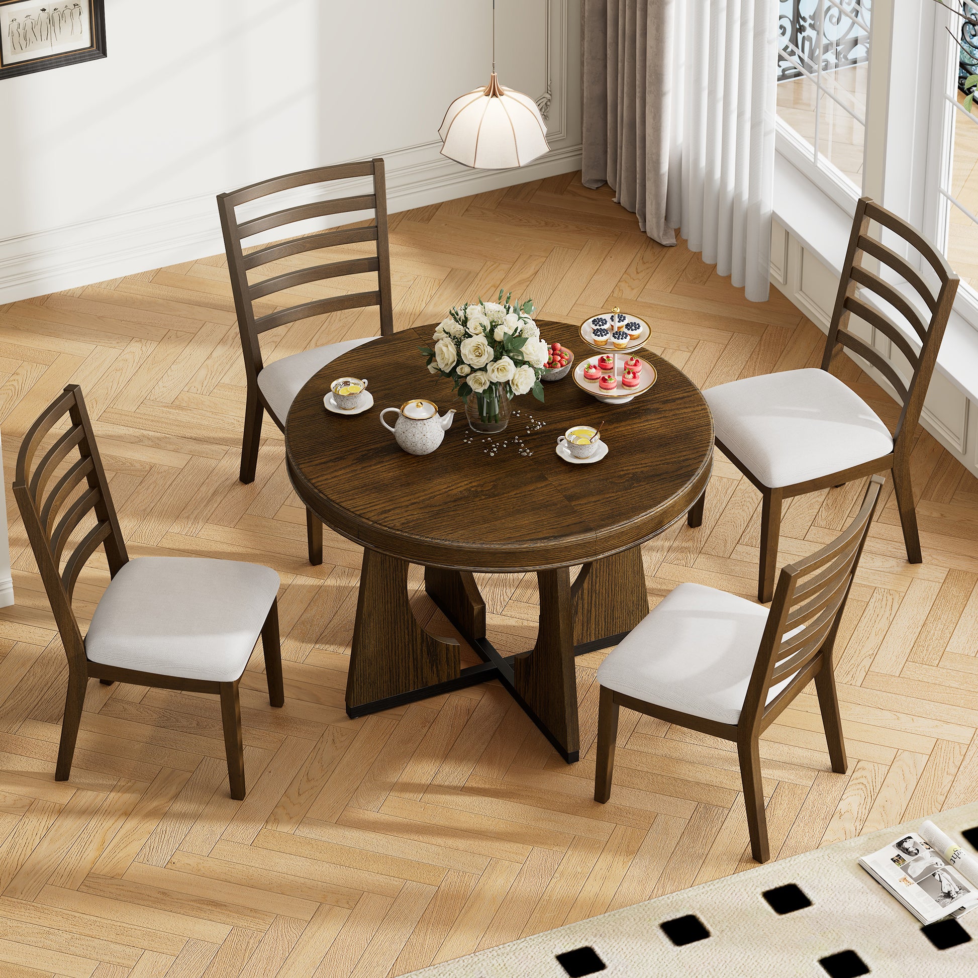 5 Piece Retro Rustic Functional Dining Set Unique Geometric Design, 1 Extendable Table With A 16 Inch Leaf And 4 Upholstered Chairs Ideal For Dining Room And Kitchen Walnut Walnut Solid Wood Mdf