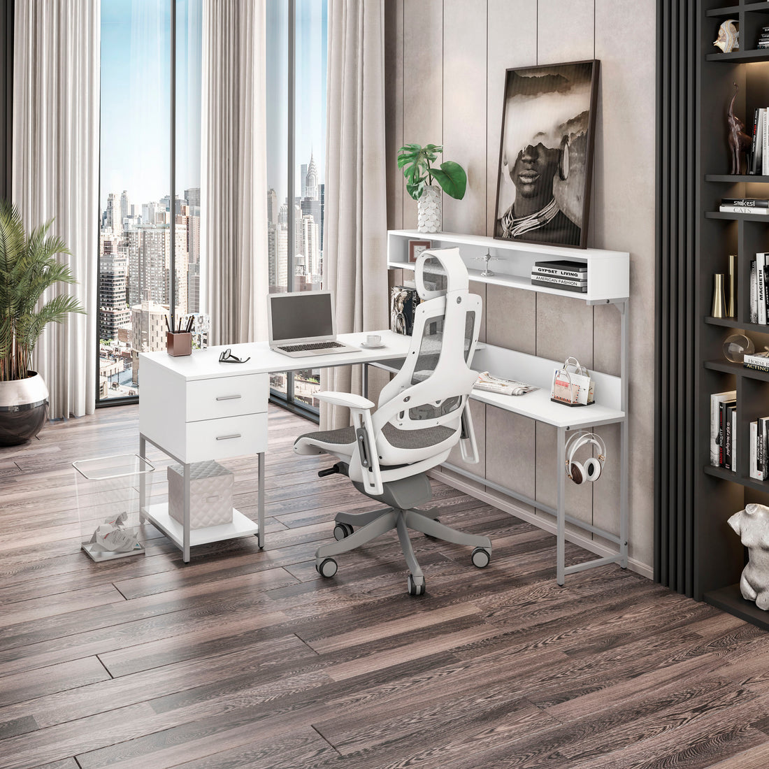 Techni Mobili L Shape Desk With Hutch And Storage, White White Computer Desk Office Modern L Shape Engineered Wood