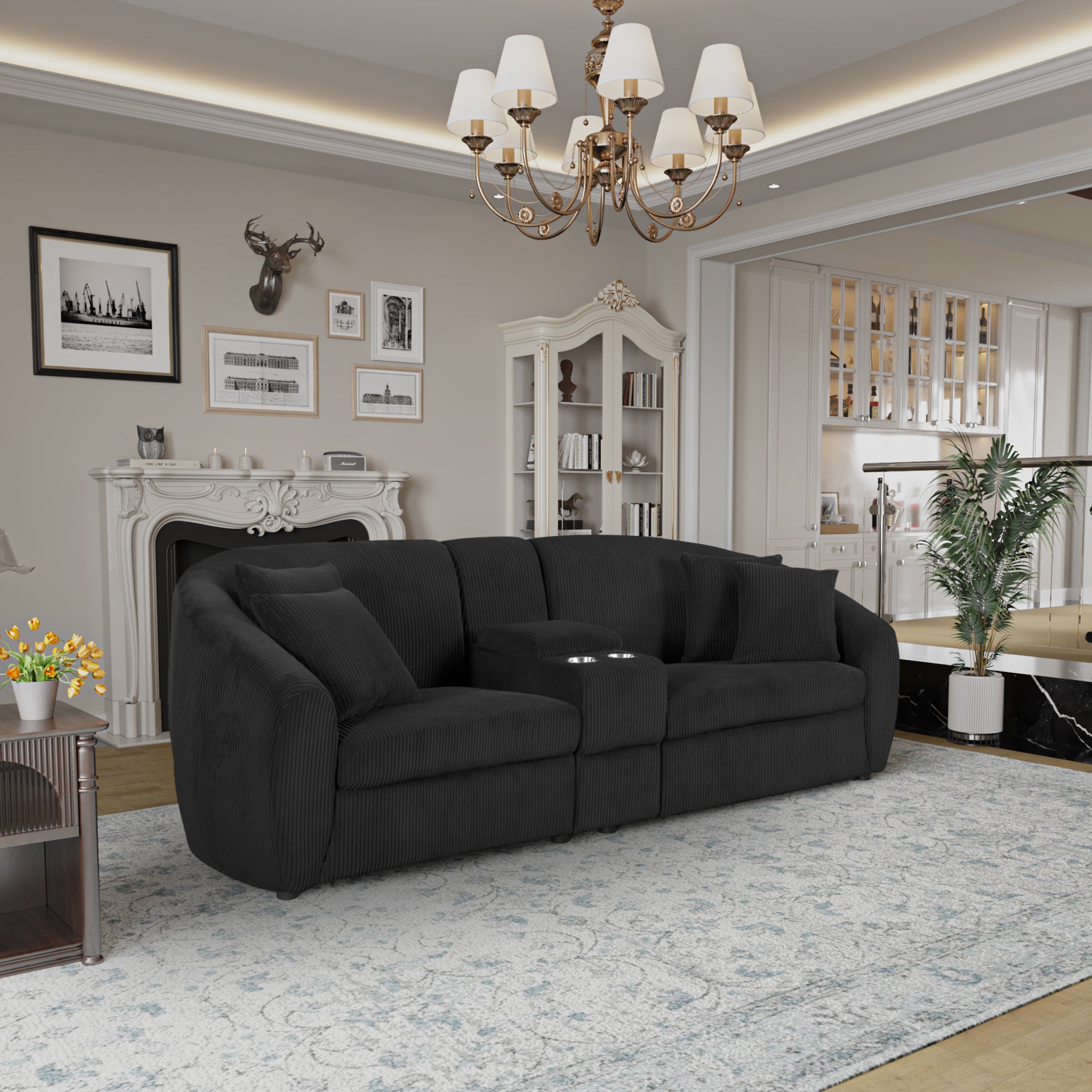 United We Win Corduroy Fabric, Two Cup Holders, Storage, Oversized Two Seat, Solid Wood Frame, High Quality Sponge Filling, Curved Placement Sofa Black Corduroy 2 Seat