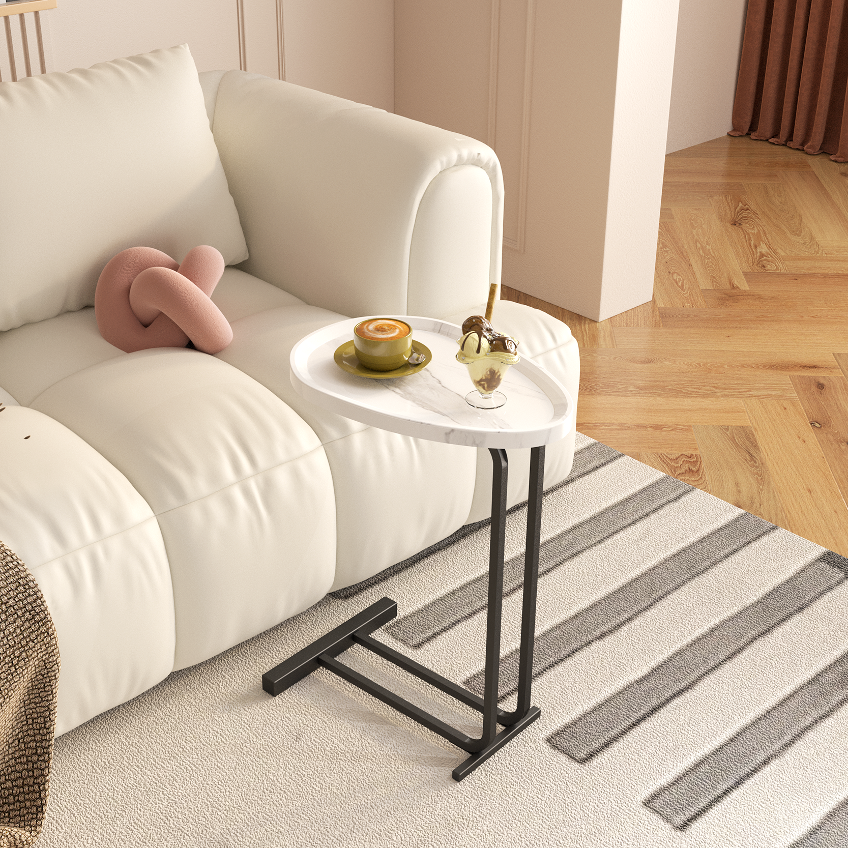 C Shaped Side Table, C Table End Table For Sofa And Bedside, Couch Side Tables, Wood C Shaped End Table With Metal Frame Slide For Bedroom Living Room White White Mdf Metal