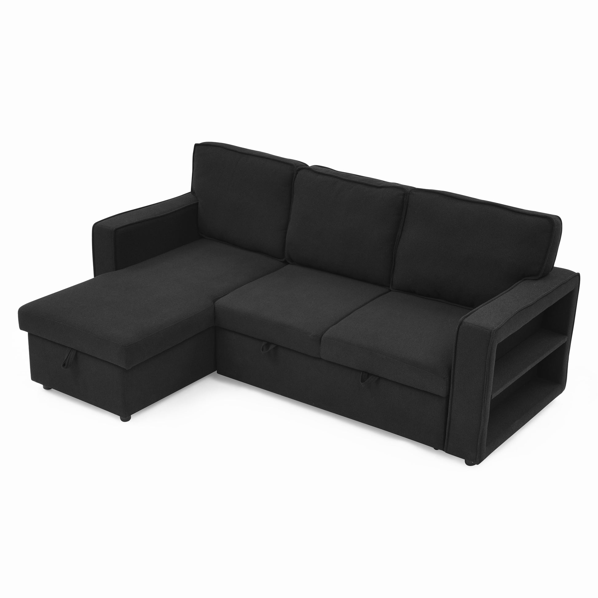 Linen Upholstered Sleeper Sectional Sofa, Shaped Modular Convertible Sofa With Storage Chaise,There Are Two Cup Holders In The Middle And Usb Multi Interface Function,Pull Out Sleep Couch Bed ,Black