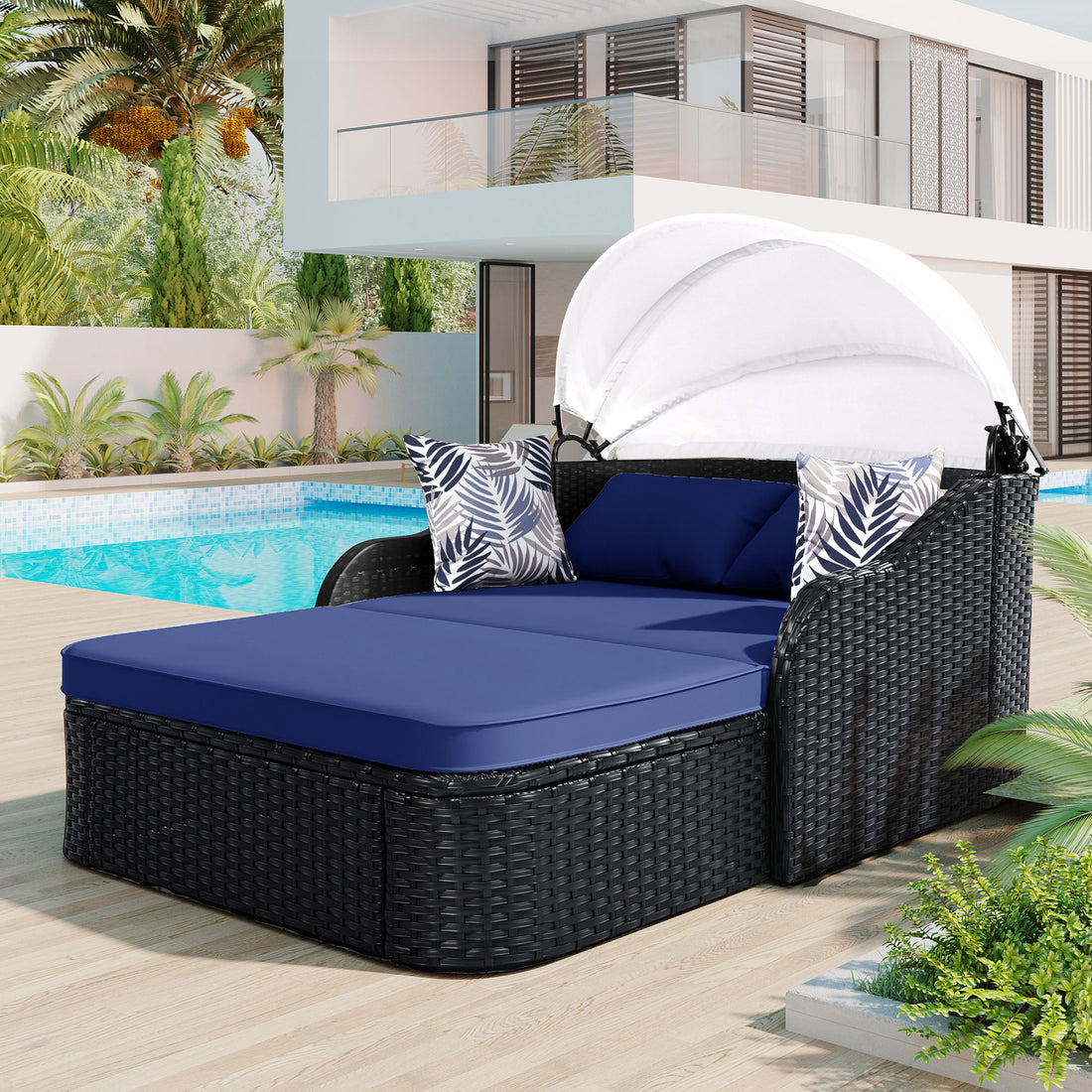 79.9" Outdoor Sunbed With Adjustable Canopy, Double Lounge, Pe Rattan Daybed, Black Wicker And Blue Cushion Yes Black Blue Wicker