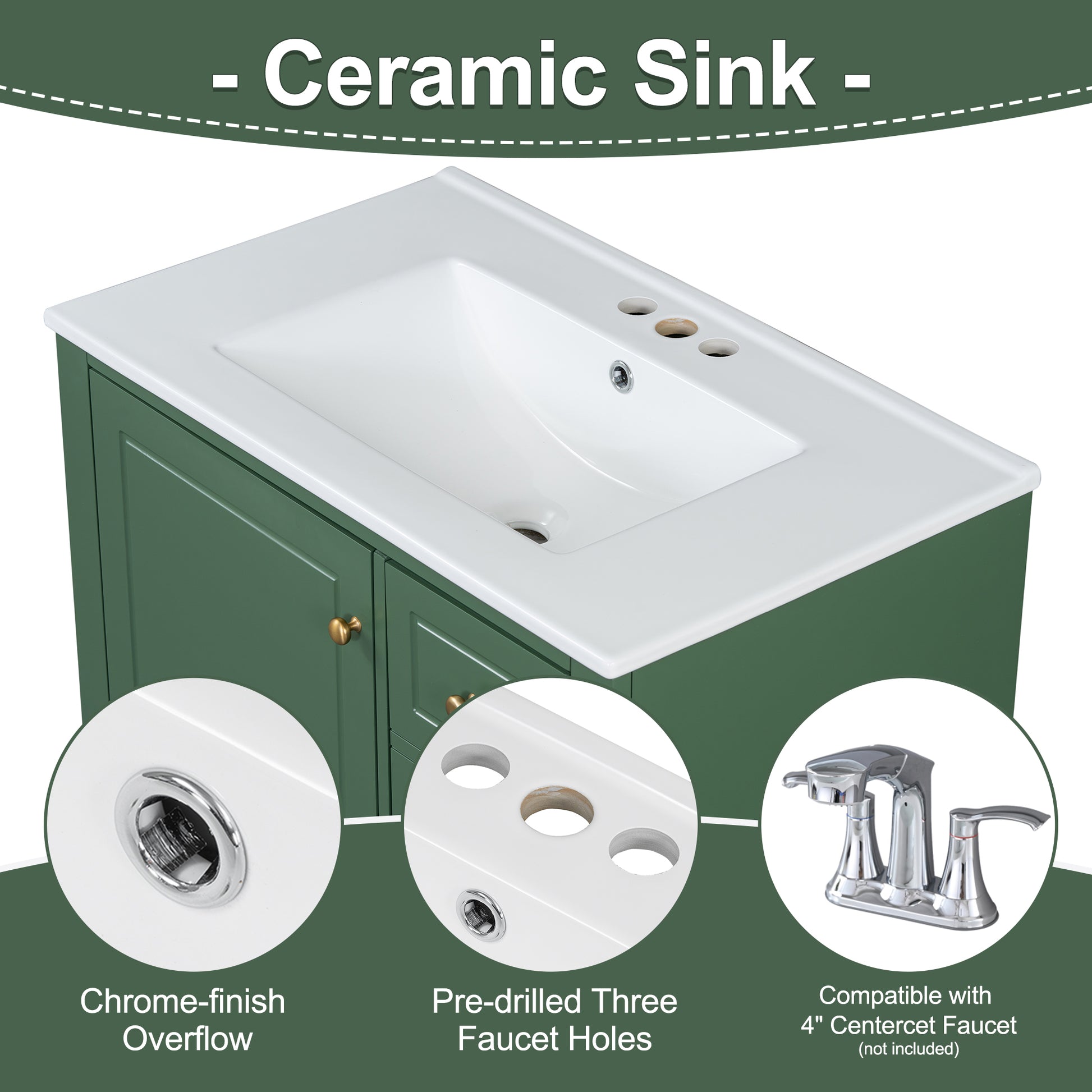 30" Bathroom Vanity With Sink, One Door With Shelf And Three Drawers, Soft Close Door, Green Green Ceramic Mdf,Rubber Wood