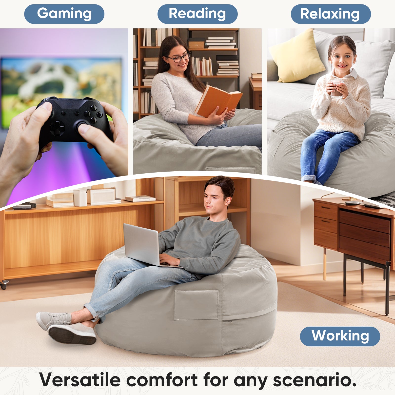 3 'Beanbag Chair, Adult And Child Beanbags, Oversized Couch Couch, Living Room Furniture, Detachable, Washable Covers, Huge Comfortable Play Chair, Round Sofa, Bedroom Quarters Gray Fabric