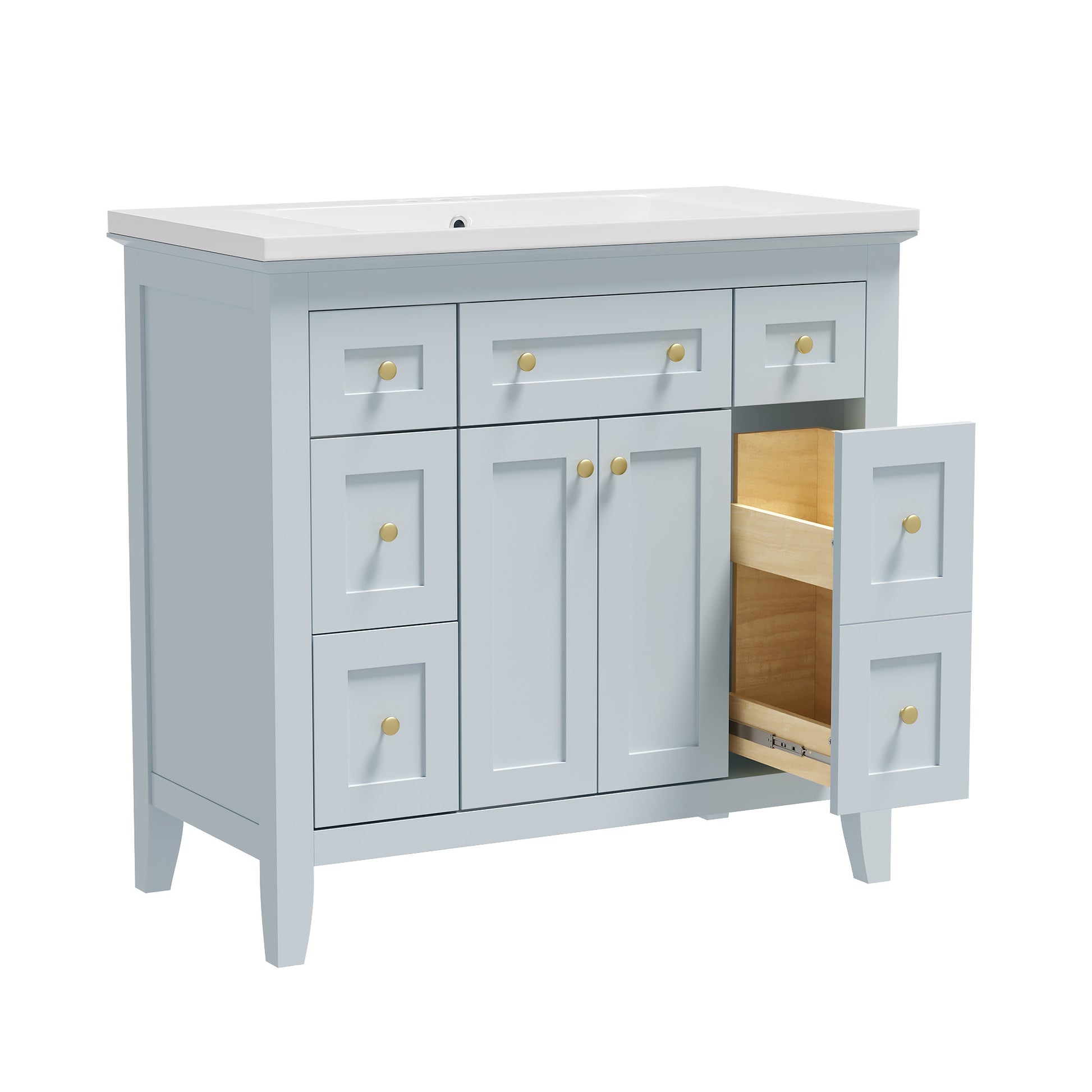 36'' Bathroon Vanity With Resin Sink Combo Set, Modern Freestanding Single Bathroom Cabinet With 6 Drawers & 2 Cabinets, Storage Cabinet For Bathroom, Solid Wood Frame Vanity Set, Light Blue 4 Light Blue 2 Bathroom Freestanding Modern Solid Wood Mdf