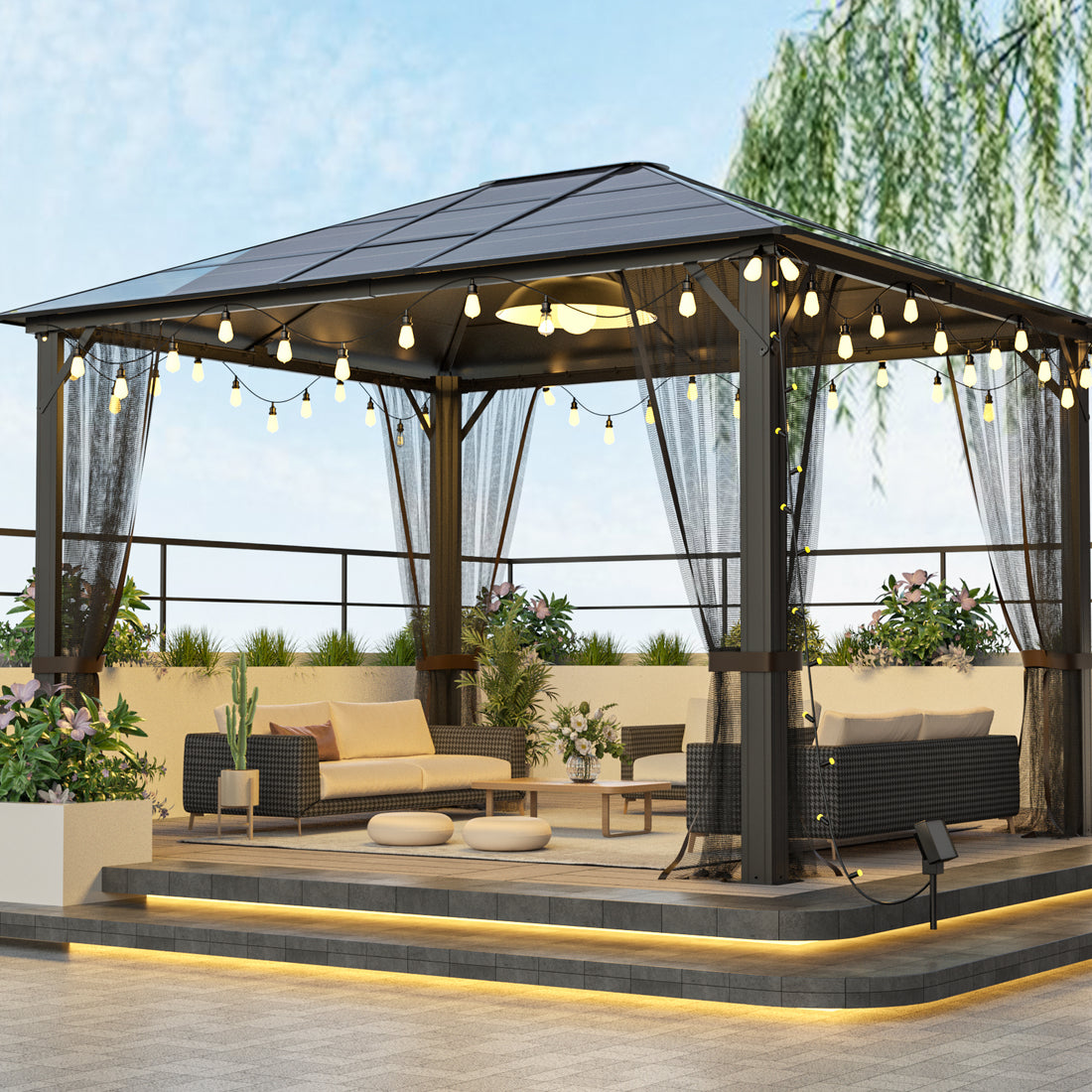 10X12 Hardtop Metal Gazebo,Heavy Duty Pergola With Mosquito Nets,Galvanized Steel&Polycarbonate Roof,Sturdy Outdoor Canopies Tent,Suitable For Gardens,Patio,Backyard Black Metal