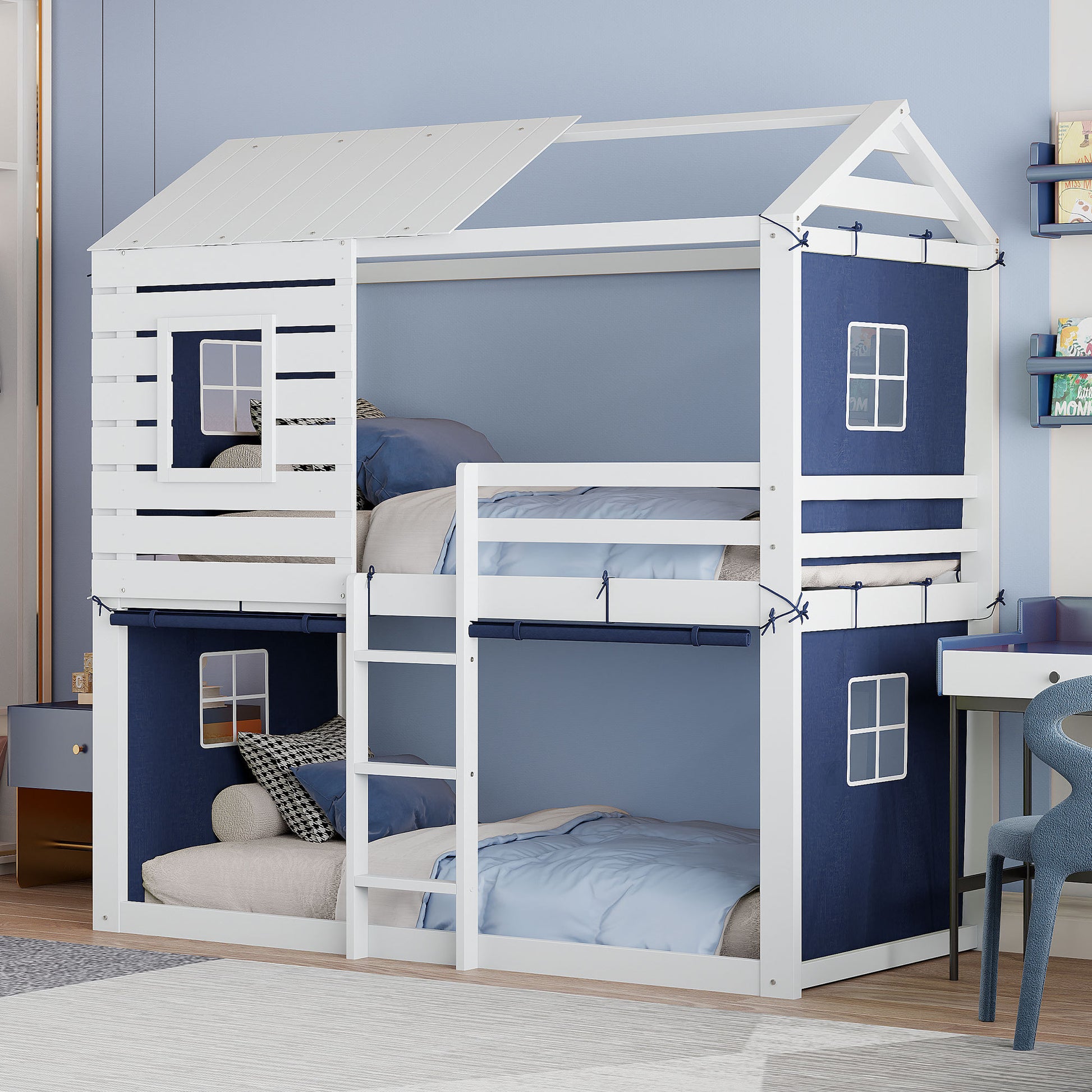 Twin Size Bunk Wood House Bed With Tent, Blue White Twin Blue Solid Wood Mdf