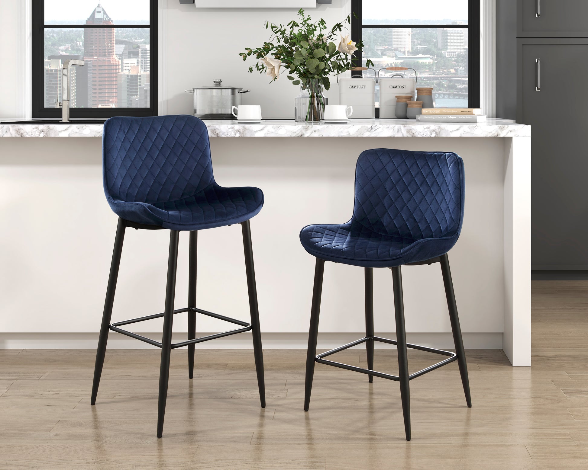 Set Of 2 Pub Height Chairs Dark Blue Velvet Upholstery Modern Casual Dining Furniture Metal Legs, 29 Inch Seat Height, Bar Chairs Blue Metal