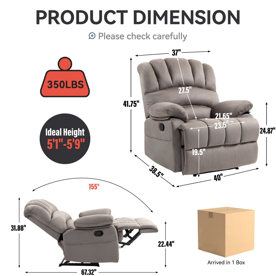 Large Manual Recliner Chair In Fabric For Living Room, Grey Grey Suede Manual Handle Metal Primary Living Space Medium Firm Cushion Back Heavy Duty American Design Pine Pillow Top Arms Fiber Foam And Polyester Fiber Pad Fabric