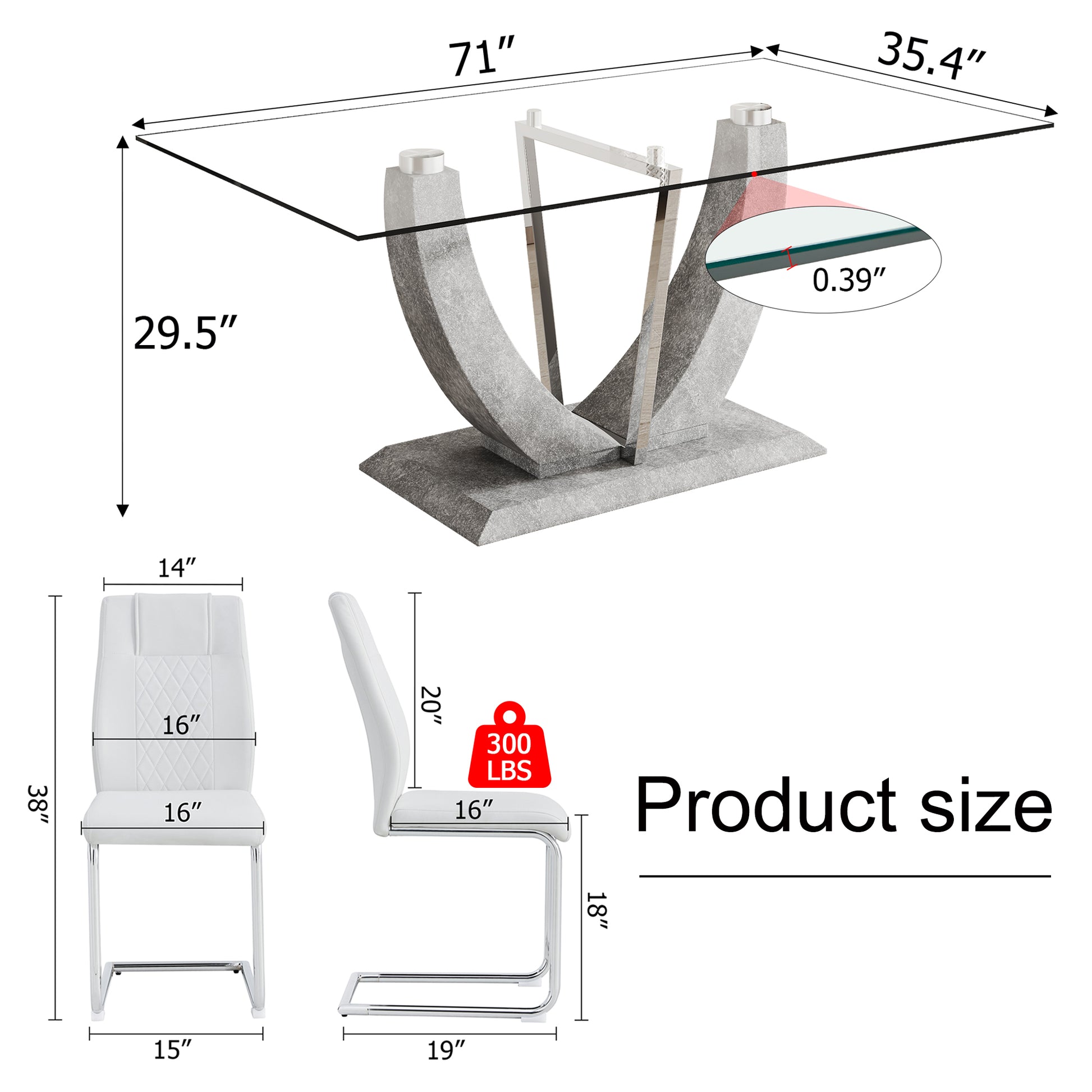 Table And Chair Set, Large Modern Rectangular Glass Table, Can Accommodate 6 8 People, Equipped With A 0.39 Inch Tempered Glass Tabletop And Large Mdf Table Legs, Comfortable And Soft Chairs. Transparent Glass