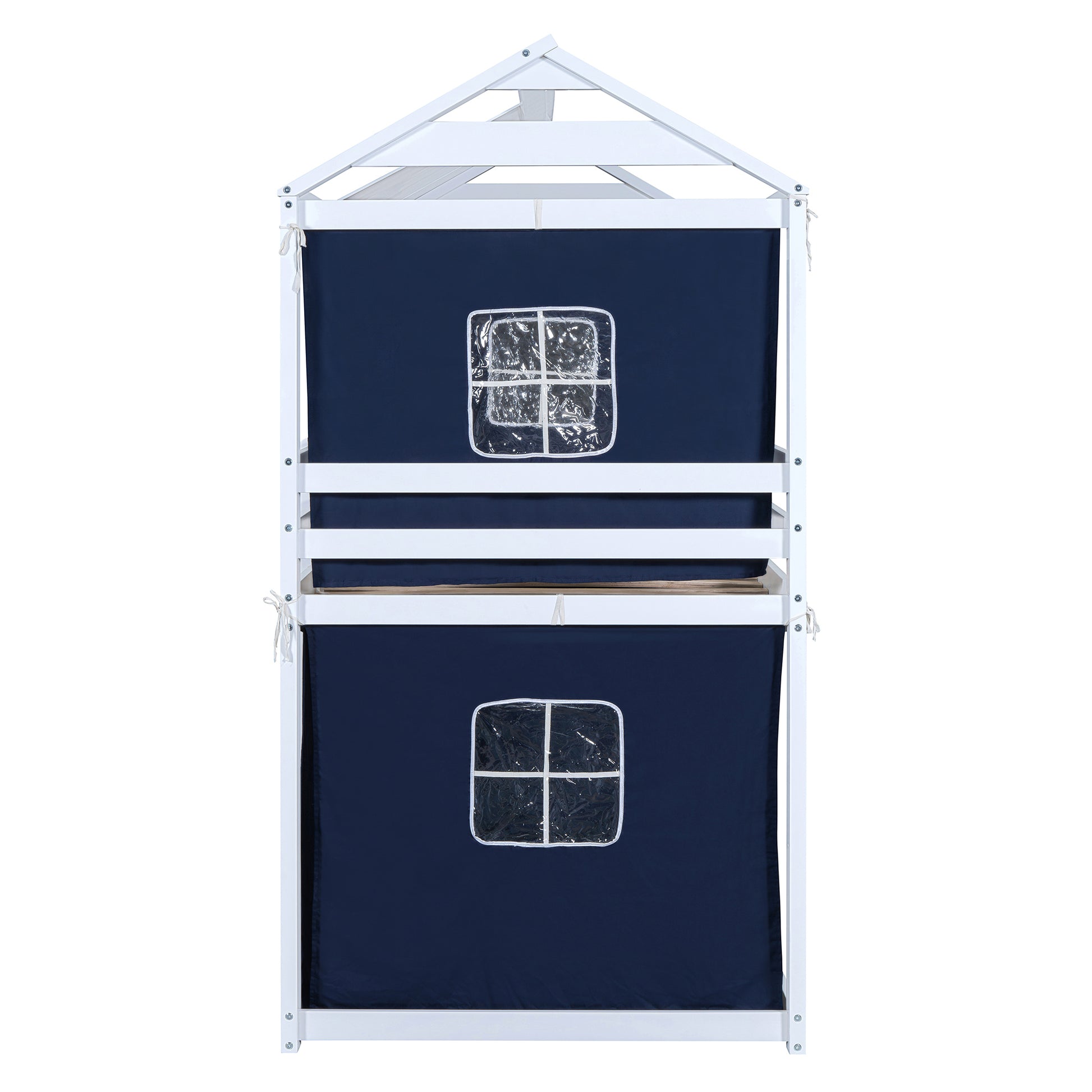 Twin Size Bunk Wood House Bed With Tent, Blue White Twin Blue Solid Wood Mdf