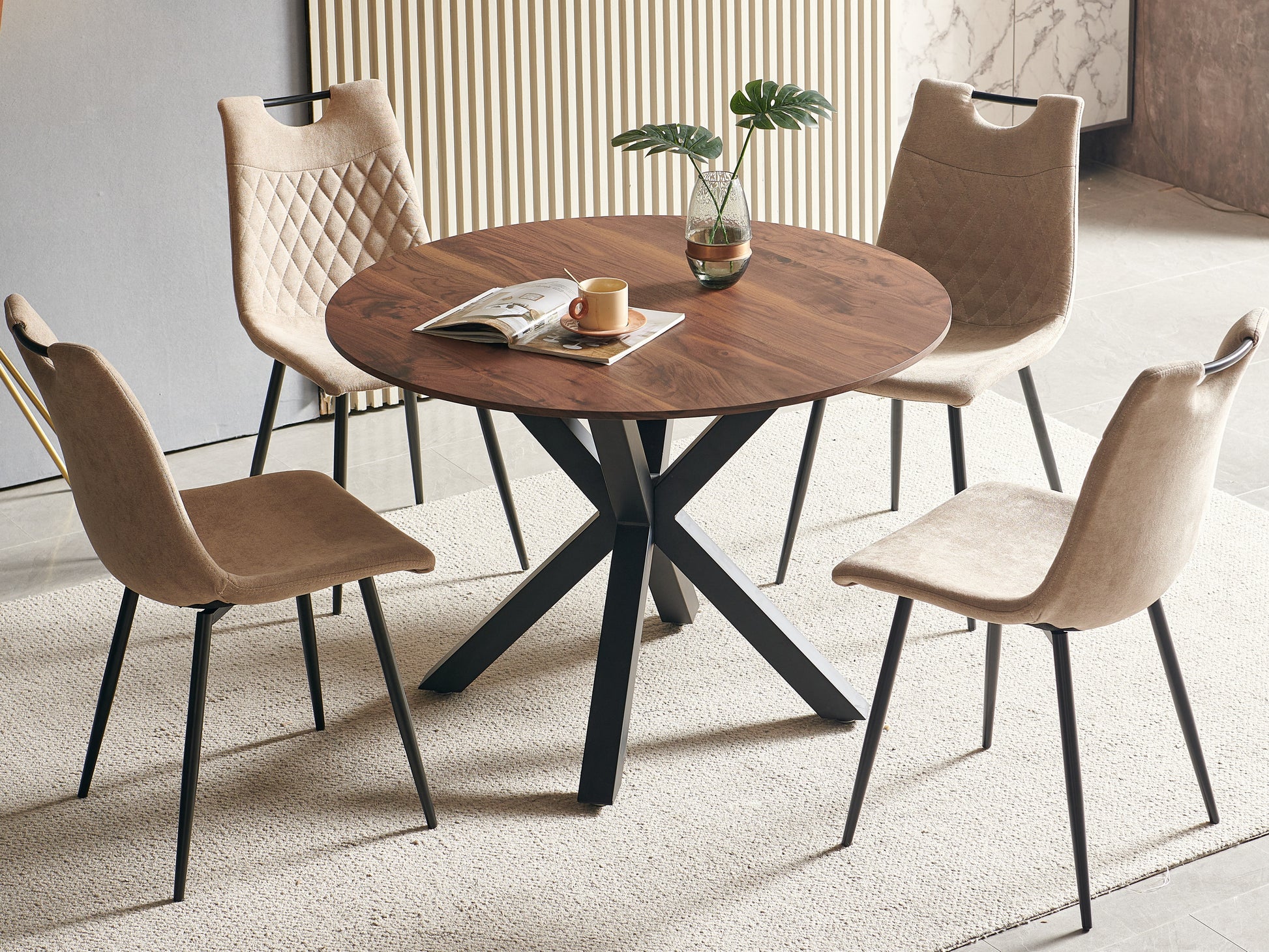 1 4,5Pieces Dining Set, Table Metal Leg Mid Century Dining Table For 4 6 People With Mdf Table Top, Pedestal Dining Table, End Table Leisure Coffee Table Beige Brown Fabric Metal