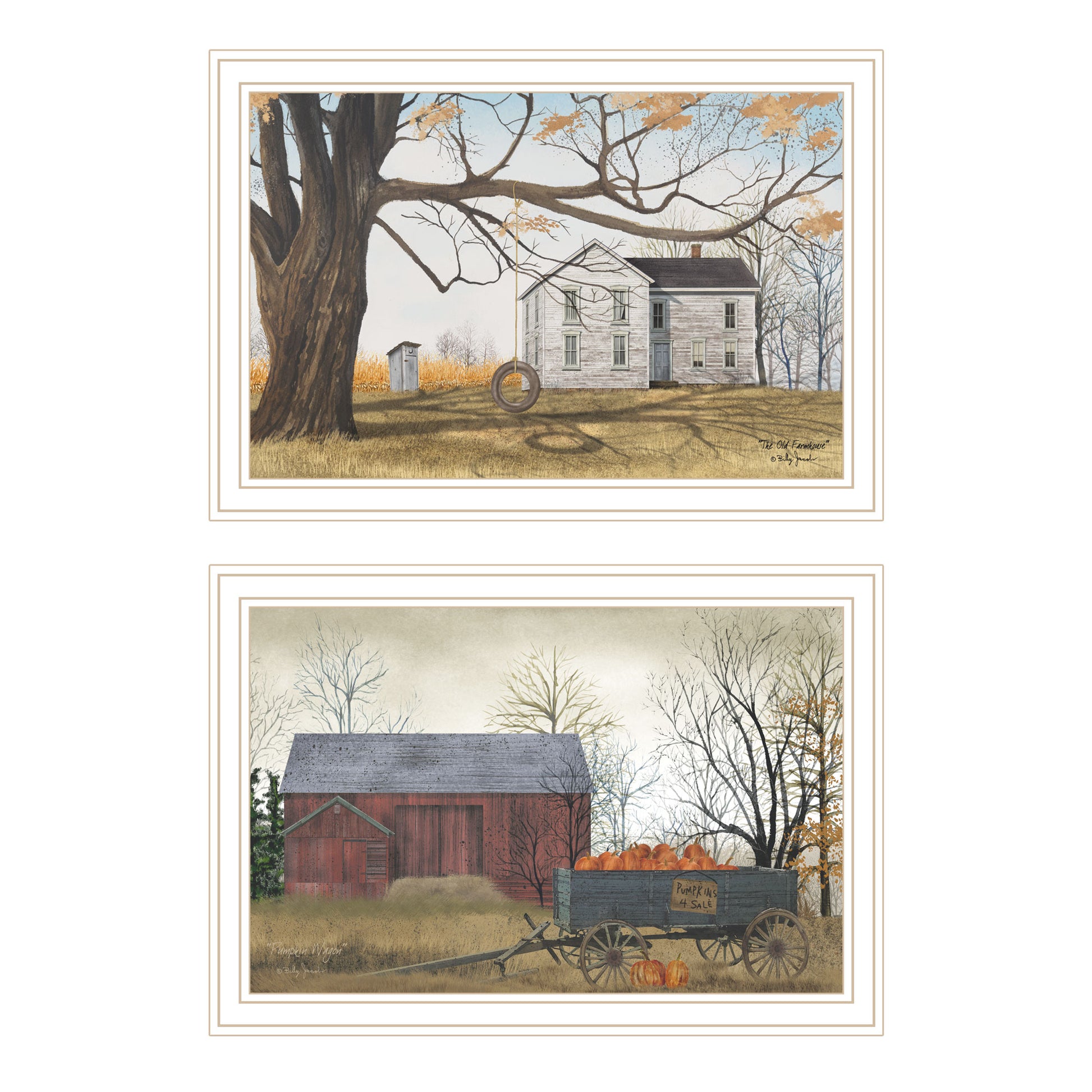 2 Piece Vignette Farmhouse, Barn & Pumpkin Wagon White Framed Wall Art For Living Room, Bedroom Wall Art Print For Home Decor By Billy Jacobs Multicolor Wood Paper