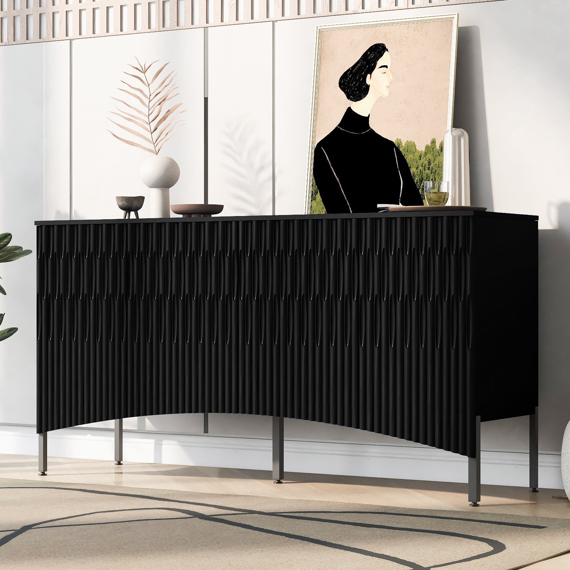 Elegant Sideboard Featuring Curved Bottom Doors With Arched Groove Design In A Stylish Four Door Layout,Suitable For Living Rooms,Entrance And Study Black Primary Living Space American Design Mdf