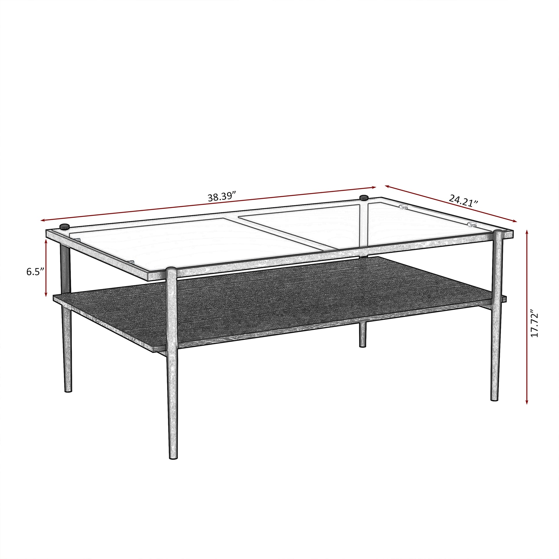 Rectangle Coffee Table With Gray Tempered Glass Top And Black Legs,Modern Table For Living Room Gray Tempered Glass