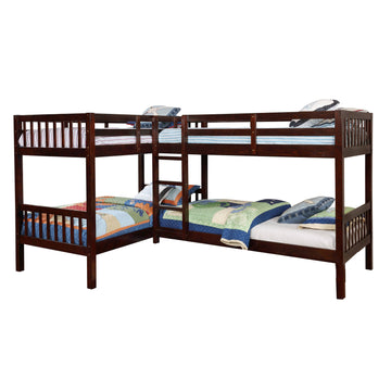 Wooden L Shaped Twin Quad Bunk Bed With Attached Ladder, Brown Twin Brown Solid Wood