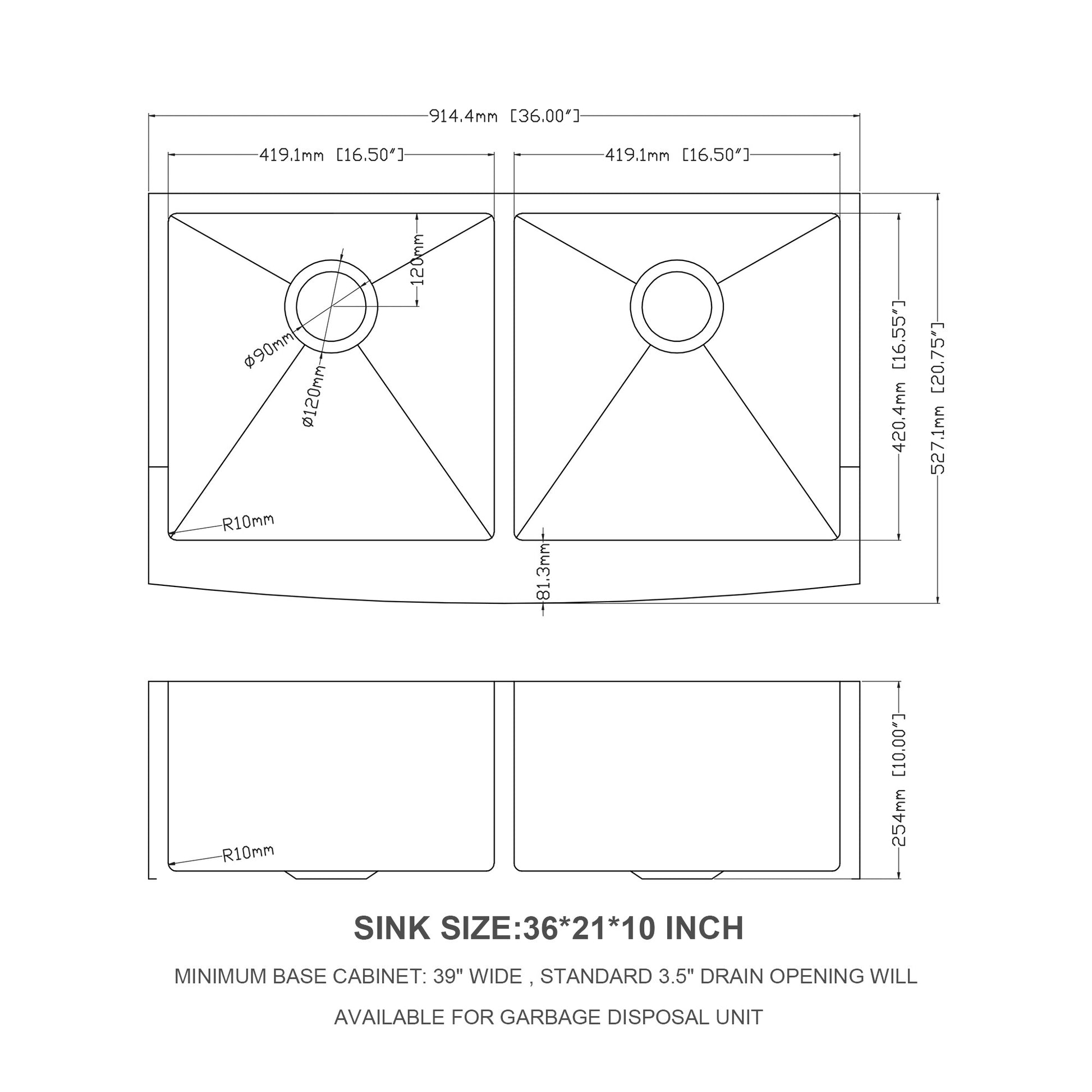 Double Bowl 50 50 Farmhouse Sink 36"X21"X10" Stainless Steel Apron Front Kitchen Sink 16 Gauge With Two 10" Deep Basin Brushed Nickel Stainless Steel