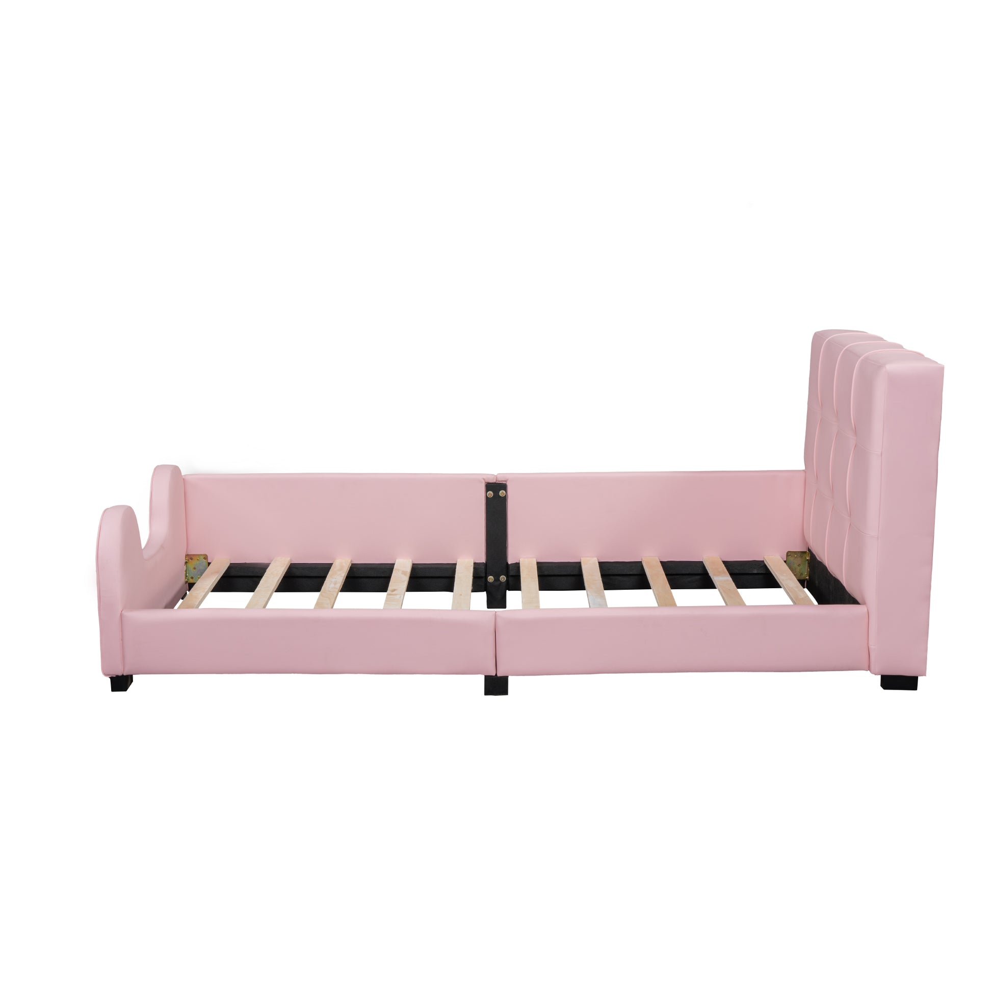 Twin Size Upholstered Platform Bed With Guardrail, Pink Box Spring Not Required Twin Pink Wood Faux Leather Upholstered