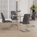 Table And Chair Set.A Modern Minimalist Style Round Clear Tempered Glass Table With Silver Metal Legs.And 4 Dark Gray Chairs With Modern Pu Leather High Back Upholstered And C Tube Chrome Legs. Dark Gray,Silver Seats 4 Glass Metal