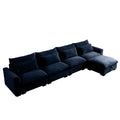 Large L Shape Sectional Corduroy Sofa,Deep Seat Couch With Storage Footstool And 4 Waist Pillows, Blue Blue Corduroy 4 Seat