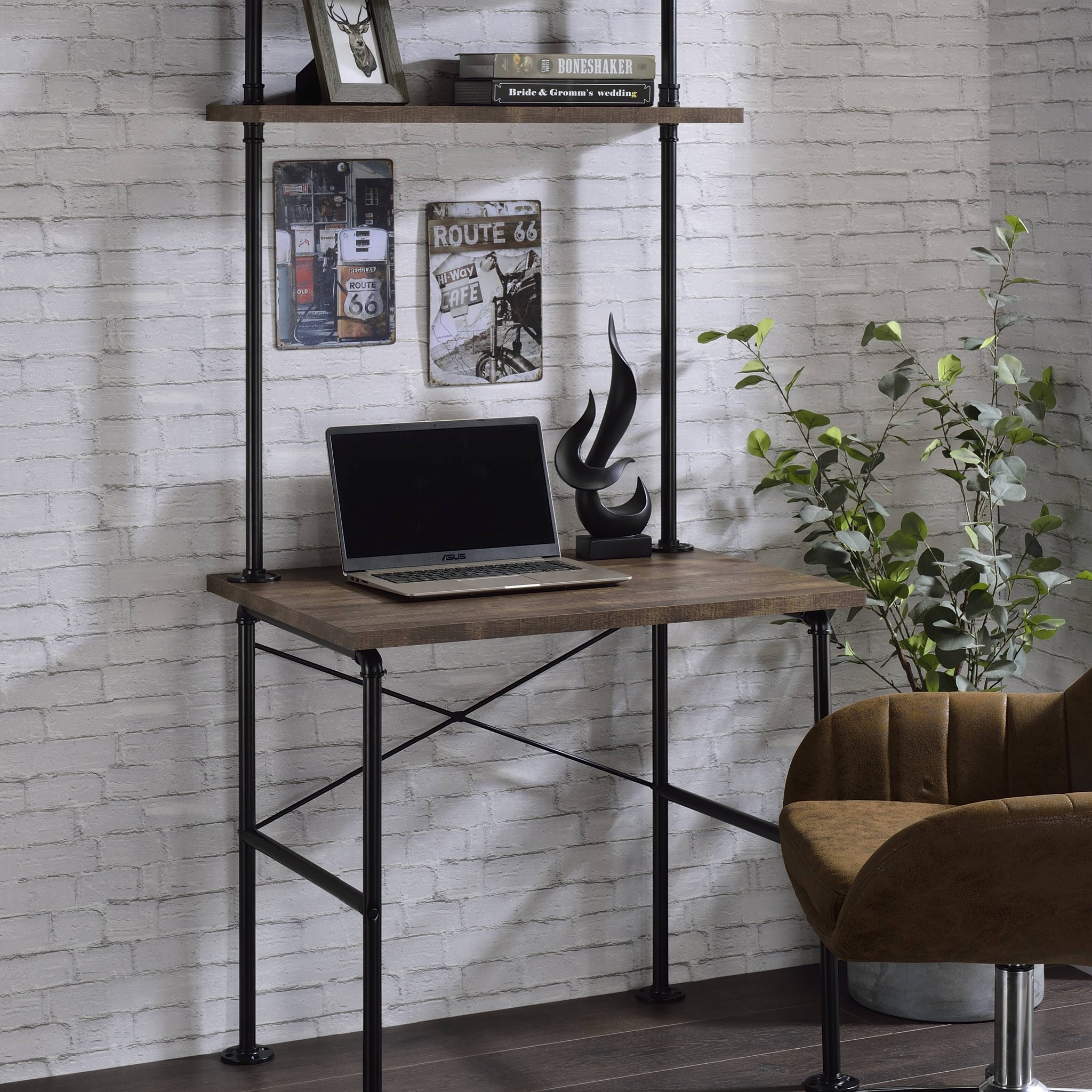 Rustic Oak And Black 2 Shelf Writing Desk Oak Writting Desk Office Rectangular Shelves Wood Metal