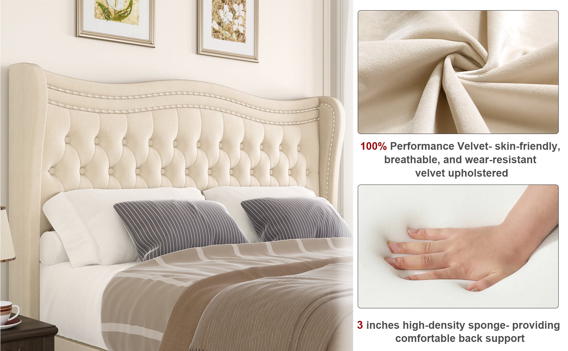 Lift Up Velvet Beige Queen Size Bed Box Spring Not Required Queen Beige Wood Light Brown Bedroom American Design Poplar Slat Beds Foam Velvet Upholstered