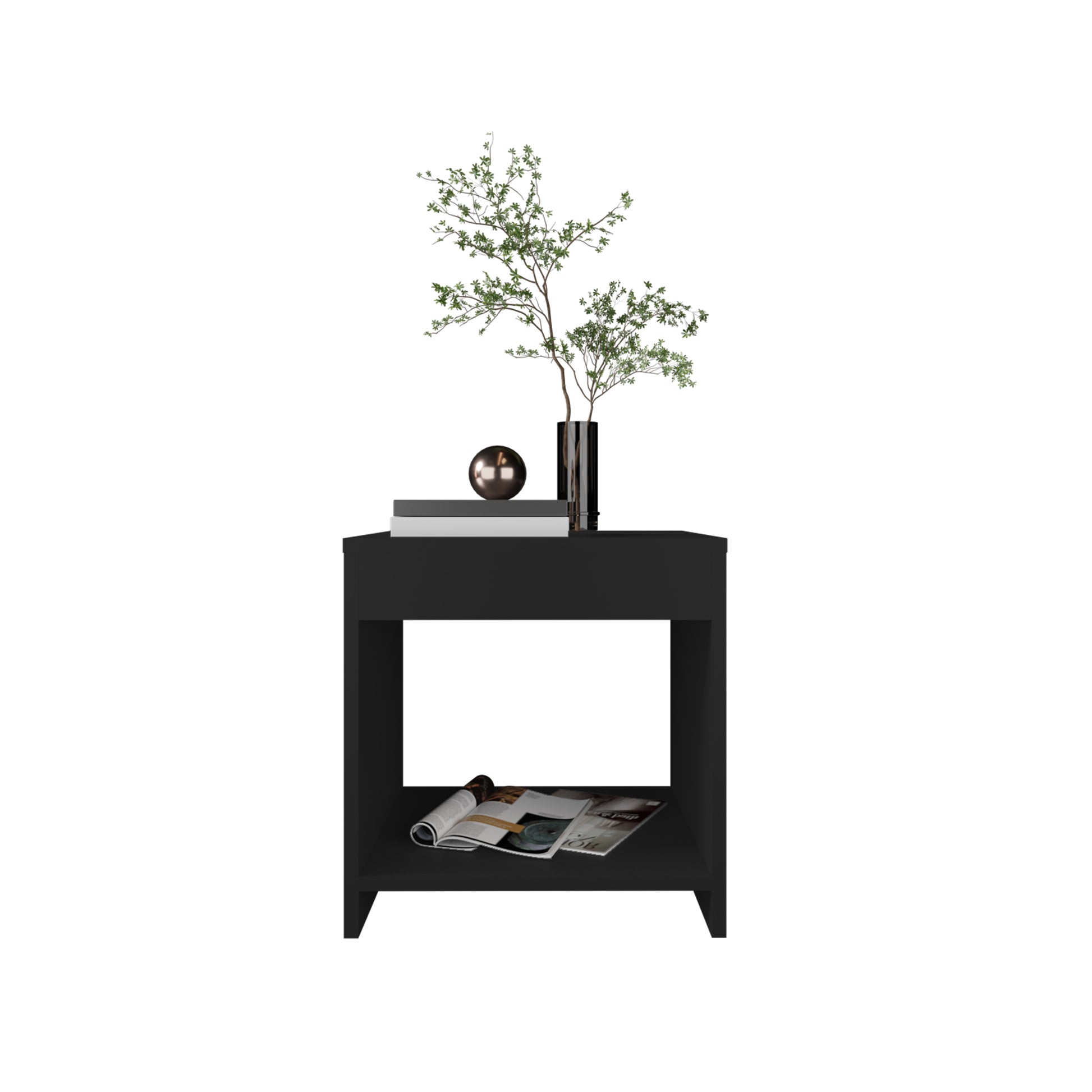Night Table 16.5"H, 1 Spacious Shelf, Black Black Solid Wood Mdf Engineered Wood