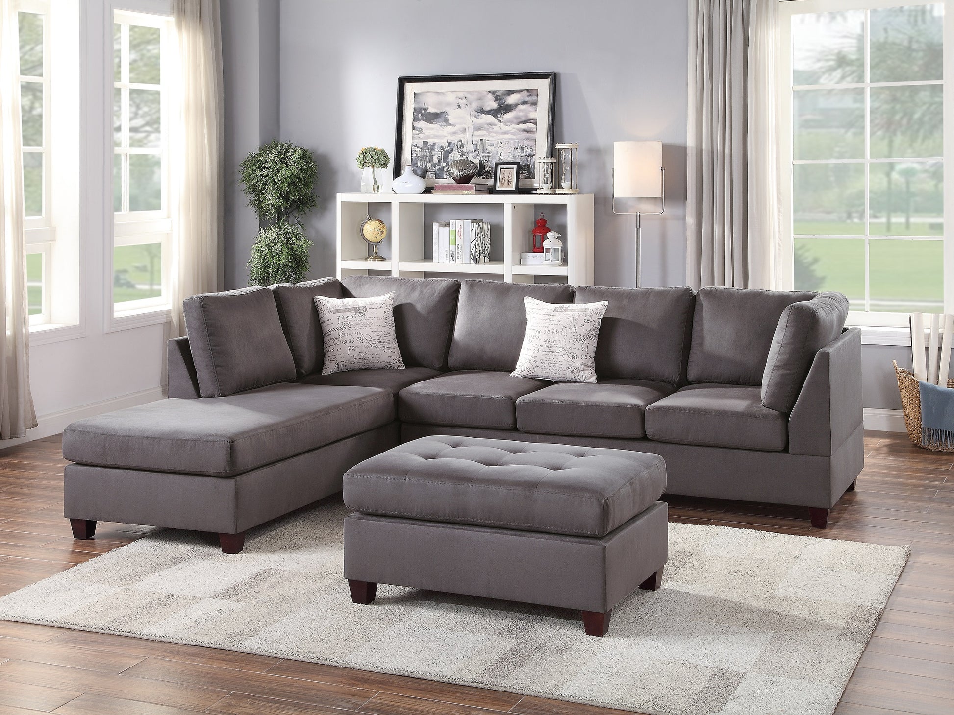 Contemporary 3Pc Reversible Sectional Sofa Set W Ottoman Grey Microfiber Cushion Sofa Chaise Ottoman Couch Pillows Grey Microfiber Wood Primary Living Space Cushion Back Contemporary,Modern L Shaped Rubberwood Particle Board 5 Seat