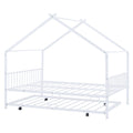 Full Size Metal House Bed With Twin Size Trundle, White Full White Metal