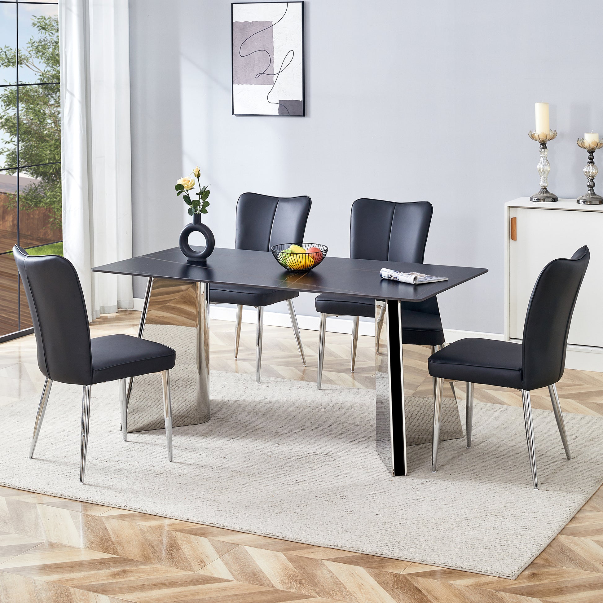 Table And Chair Set.63"X31.5X30" Black Marble Patterned Slabs Tabletop With Stainless Steel Butterfly Legs.Paired With 4 Black Pu Dining Chairs With A Vertical Stripe Design On The Backrest. Black