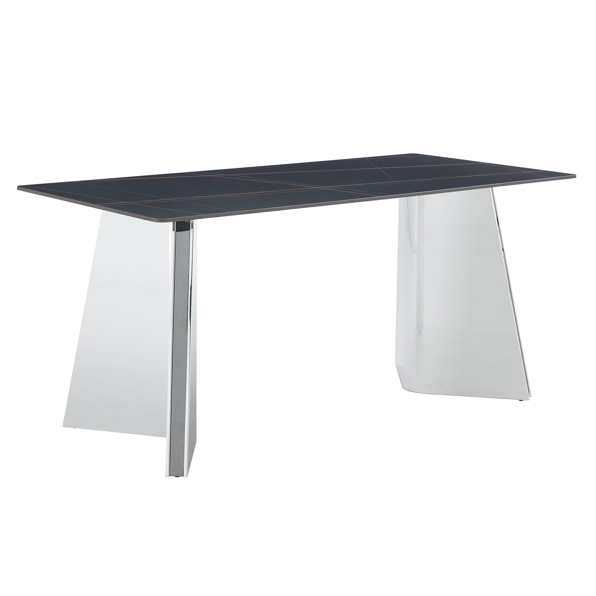 63"X31.5X30" Black Marble Patterned Slab Dining Table With Stainless Steel Butterfly Legs.The Tabletop Is Designed To Be Scratch And Heat Resistant.Slabs Tabletop,Stainless Steels Legs. Black,Silver