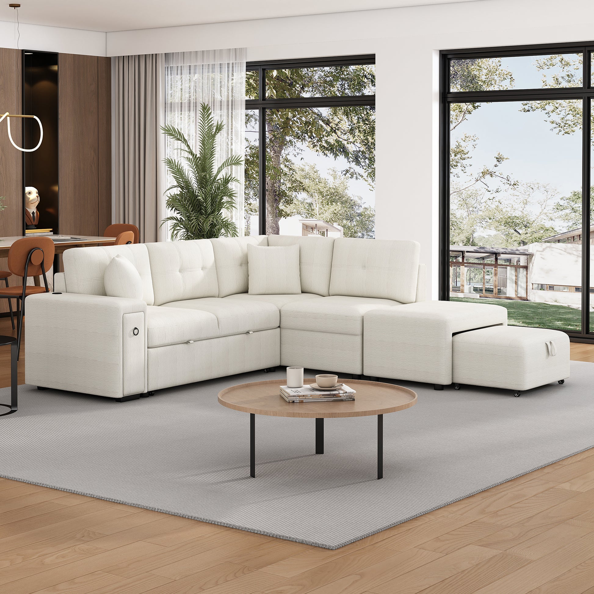 86.6" Sectional Sofa L Shaped Sofa Couch Pull Out Sofa Bed With A Movable Ottoman, Two Usb Ports And Two Cup Holders For Living Room, Beige Beige Foam Chenille 4 Seat