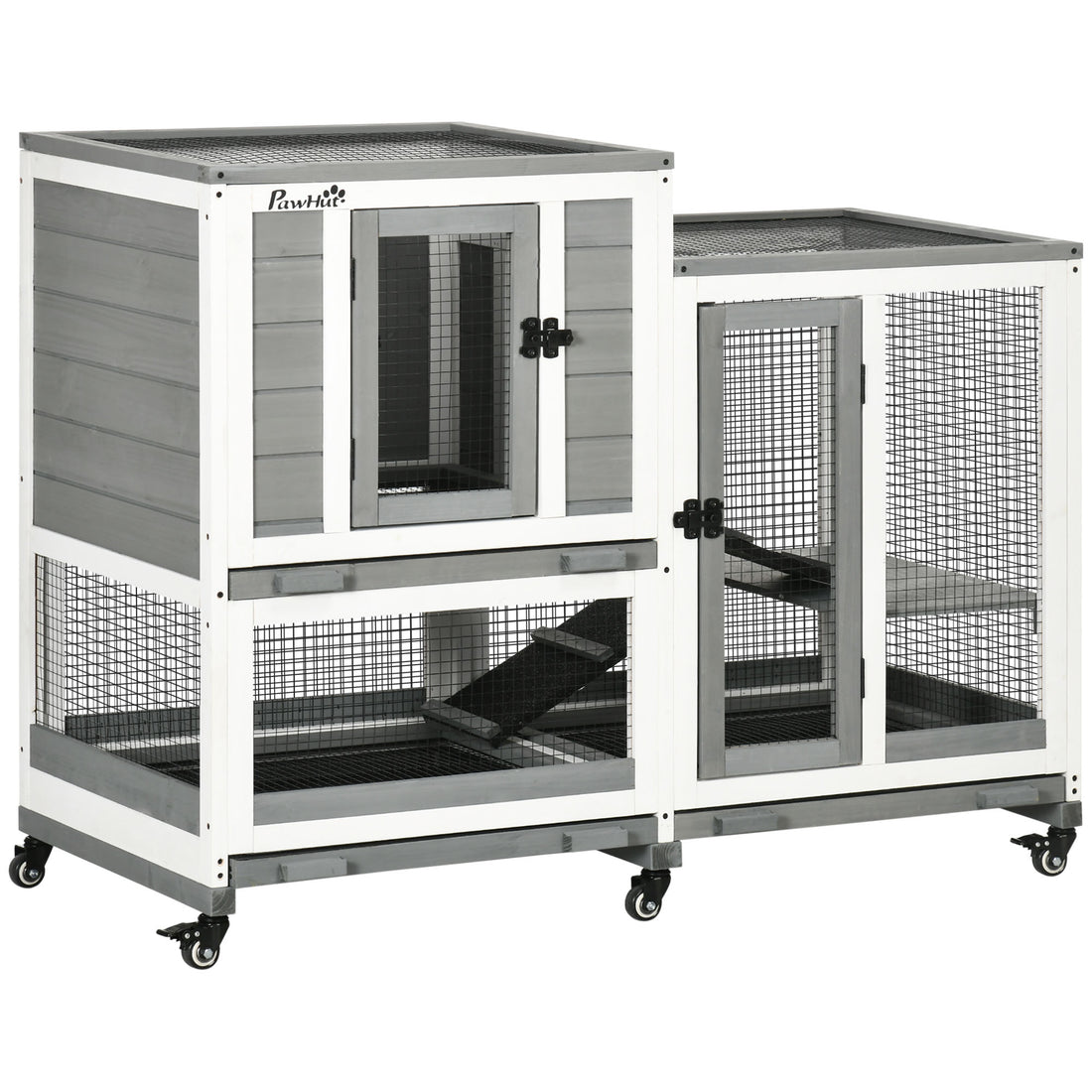 Pawhut Indoor Rabbit Hutch, Three Story Wooden Rabbit Cage Bunny Hutch With Runs, Wheels, Waterproof Roof And Removable Trays, Gray Gray Wood