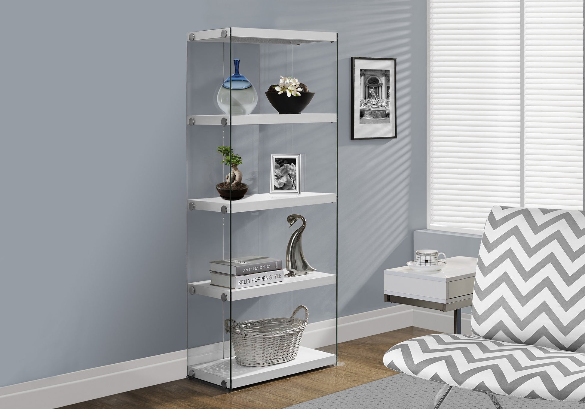 Bookshelf, Bookcase, Etagere, 5 Tier, 60"H, Office, Bedroom, Glossy White Laminate, Clear Tempered Glass, Contemporary, Modern White Mdf