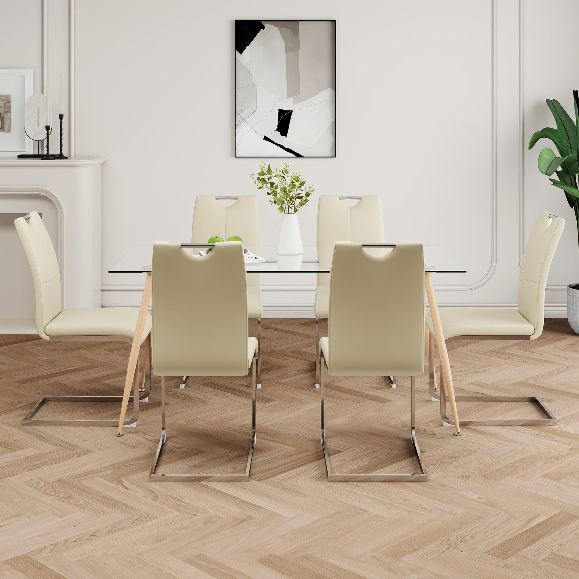 Modern Simple Rectangular Glass Dining Table, Solid Tempered Glass Countertop, Wood Transfer Metal Table Legs, Light Yellow Pu Dining Chair Set, Suitable For Restaurant Kitchen Use Set Of 7 Upholstered Chair Glass Light Yellow Seats 6 Metal Rectangular