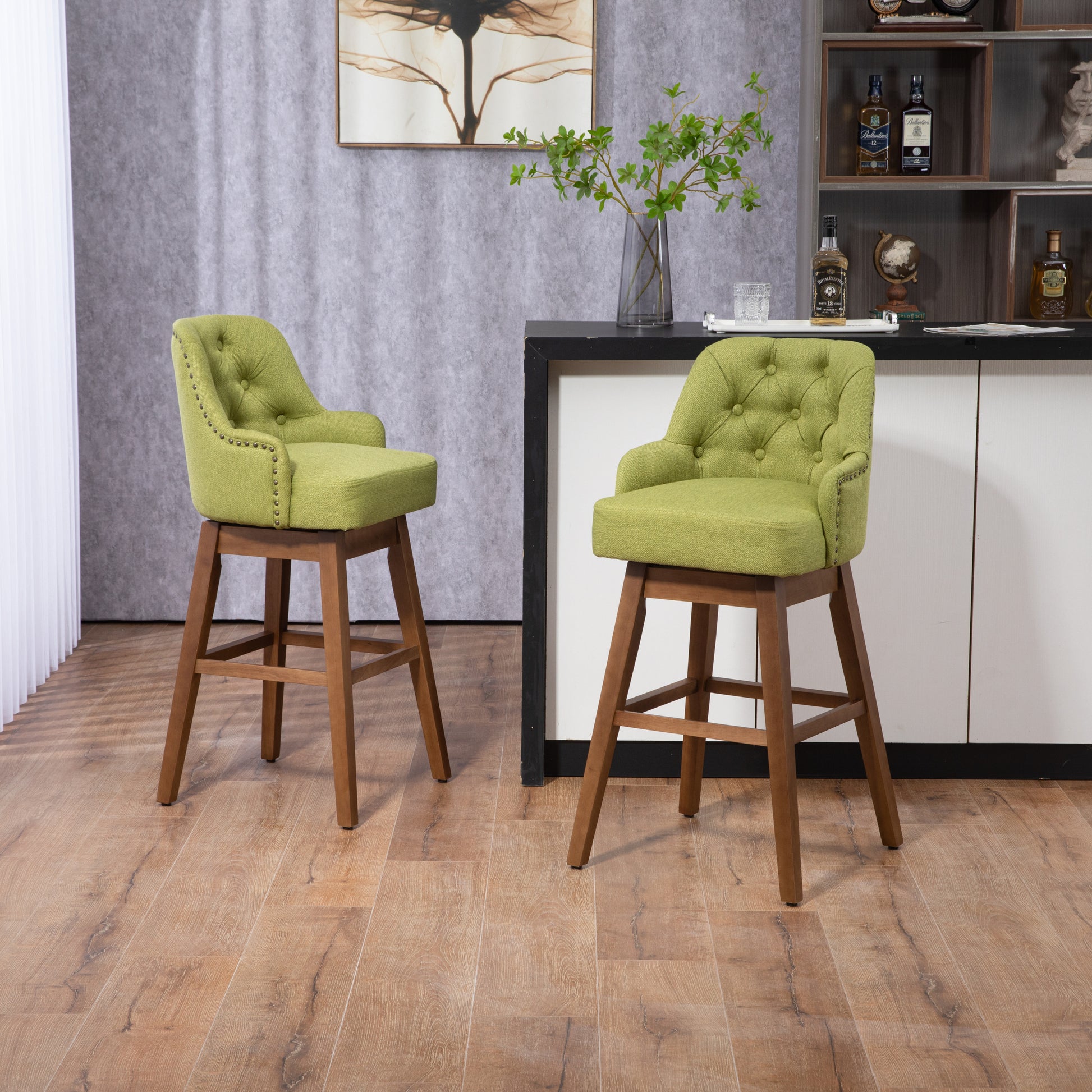 Coolmore Bar Stools Set Of 2 Counter Height Chairs With Footrest For Kitchen, Dining Room And 360 Degree Solid Wood Legs Swivel Bar Stools Set Of 2 Olive Linen Olive Foam Linen