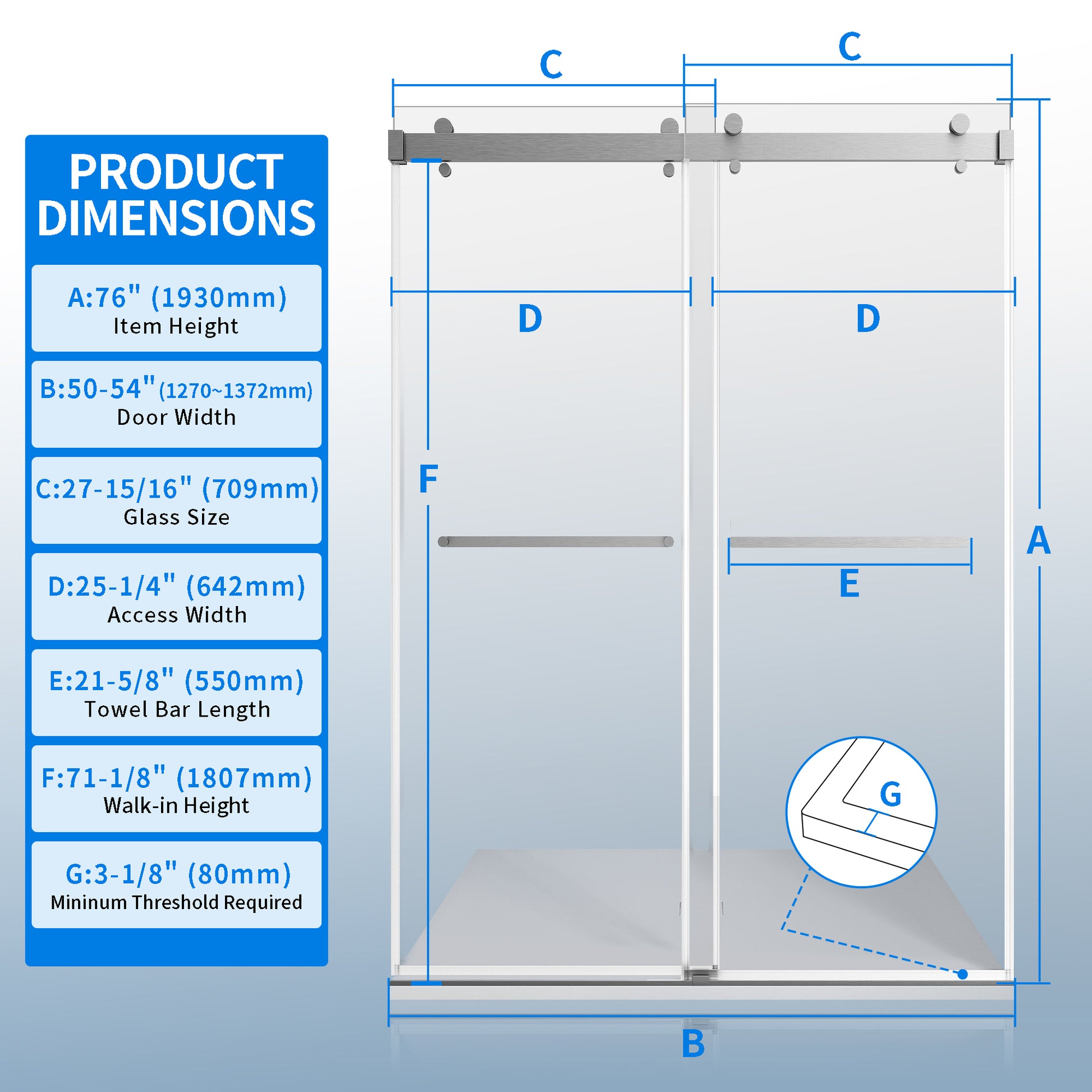 50 54 Inches Width 76 Inches Height Double Sliding Frameless Shower Door With 3 8 Inches 10Mm Clear Tempered Glass, Brushed Nickel Finish Brushed Nickel Bathroom Luxury,Modern Glass