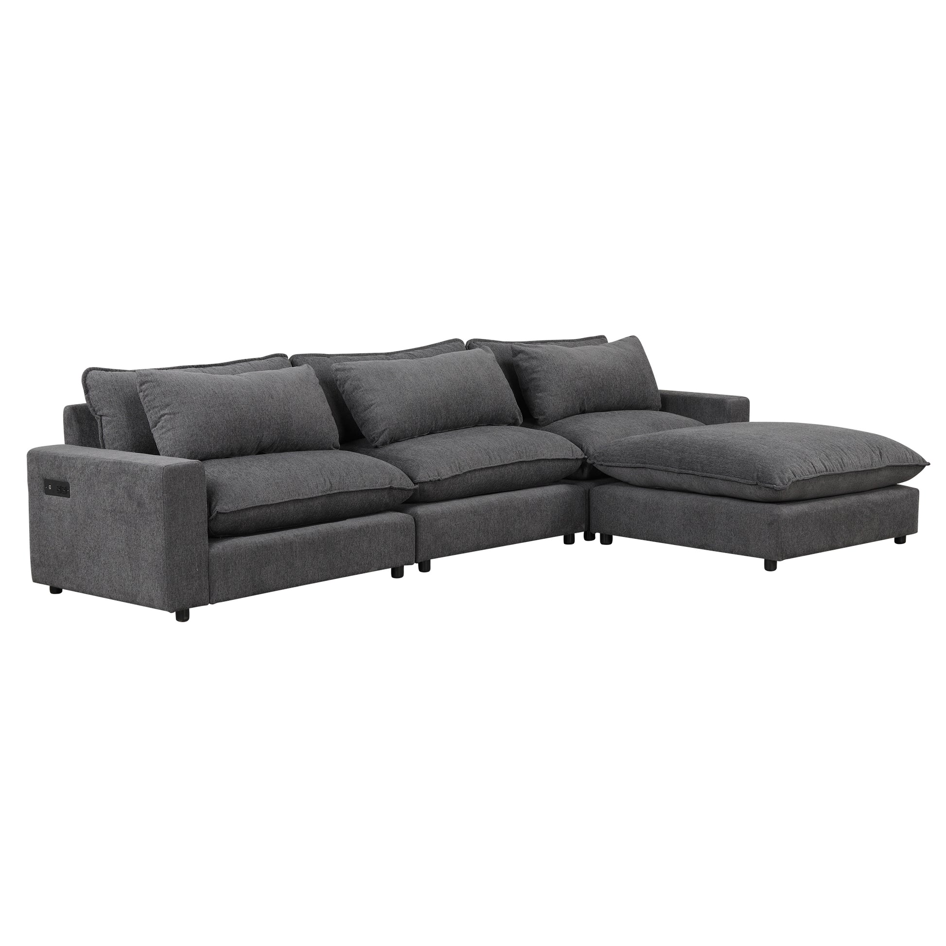 128" Sectional Sofa Cloud Sofa Chenille Upholstered Sofa Couch With Movable Ottoman, Comfortable Seat Cushions, Charging Ports And Three Back Pillows For Living Room, Grey Grey Foam Chenille 4 Seat