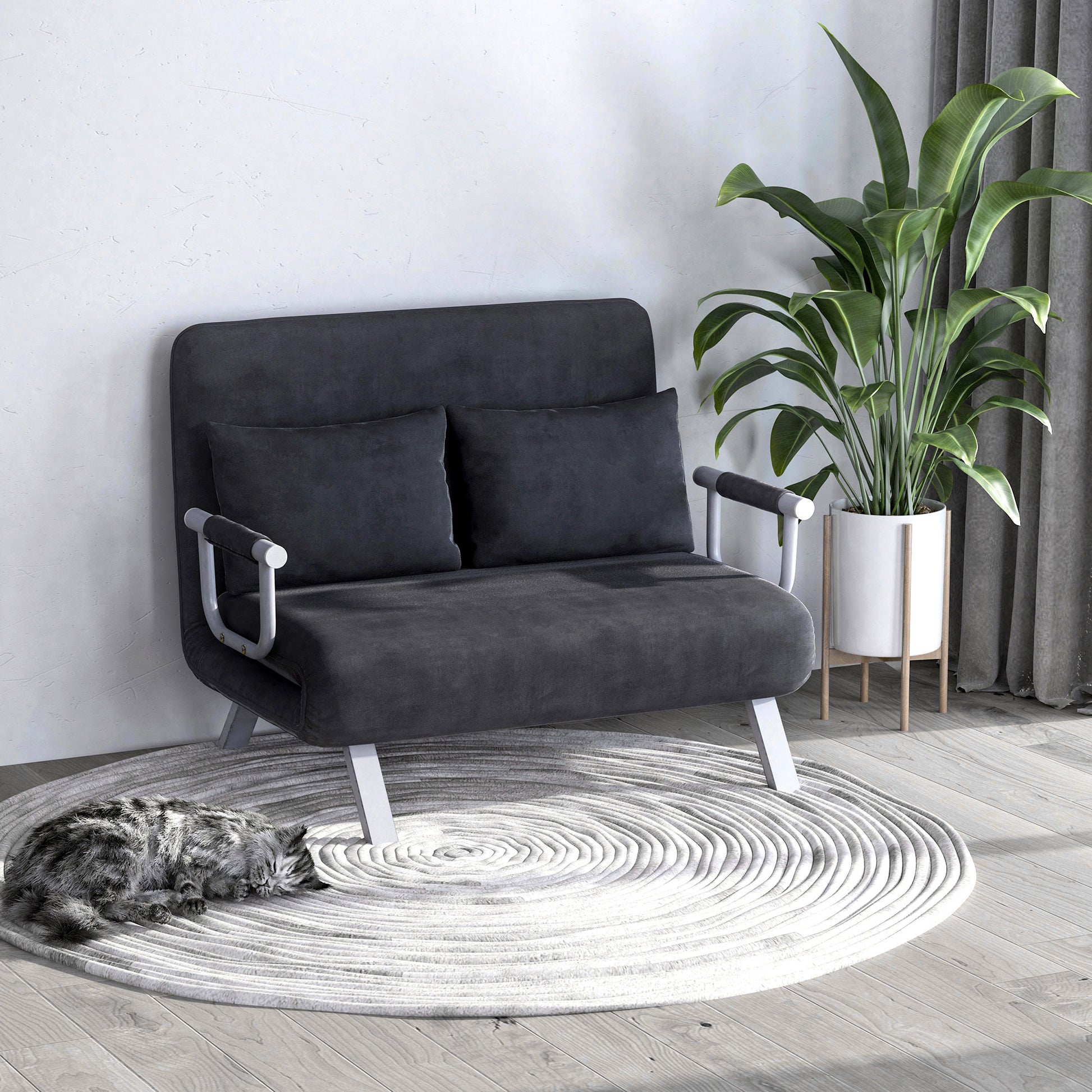 Homcom Convertible Sofa Bed Sleeper Chair, 5 Position Adjustable Backrest, Armchair Sleeper With Pillows, Leisure Chaise Lounge Couch, Gray Grey Steel 2 Seat