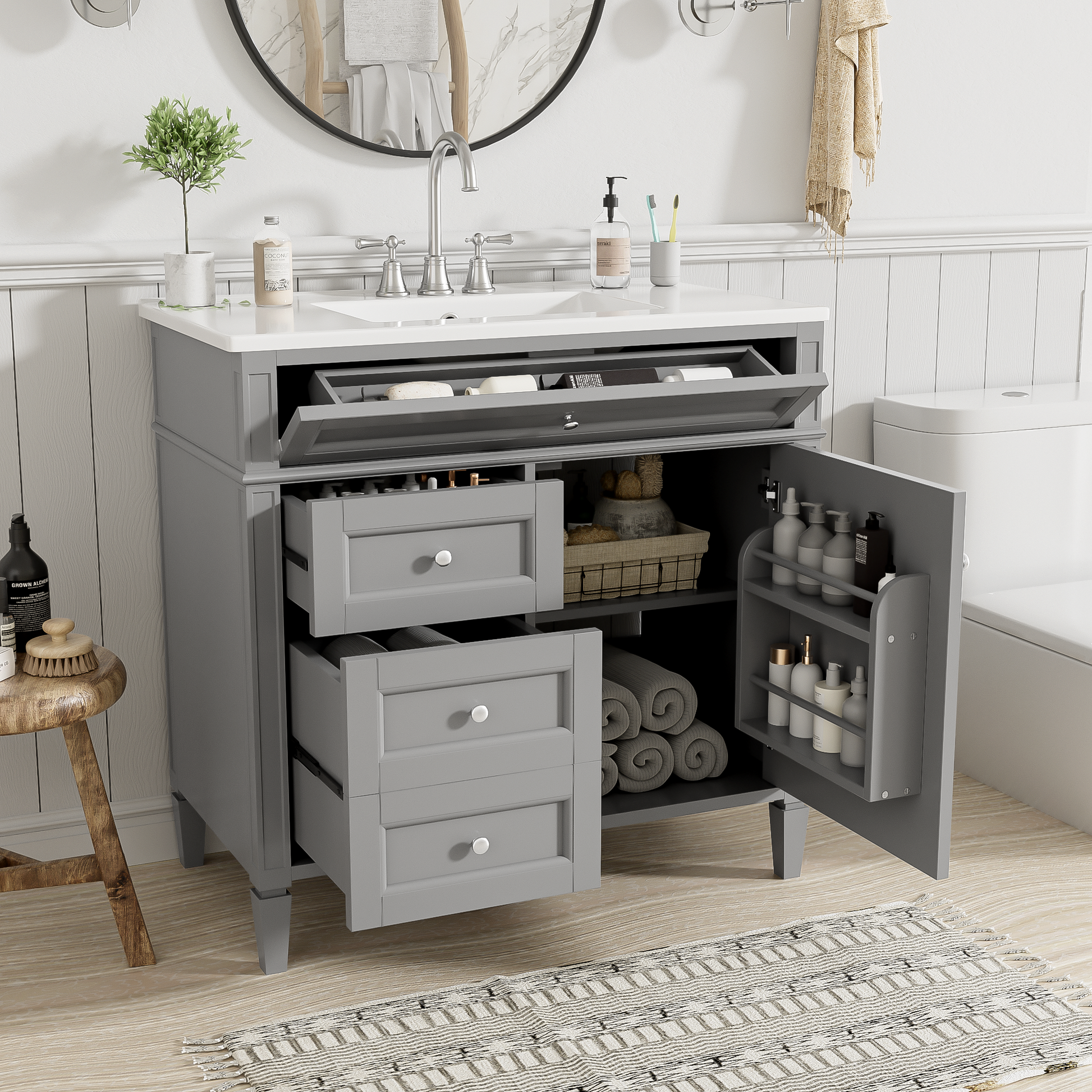 36'' Bathroom Vanity With Top Sink, Modern Bathroom Storage Cabinet With 2 Drawers And A Tip Out Drawer, Single Sink Bathroom Vanity Grey Bathroom Solid Wood Mdf Ceramic,Solid Wood Mdf