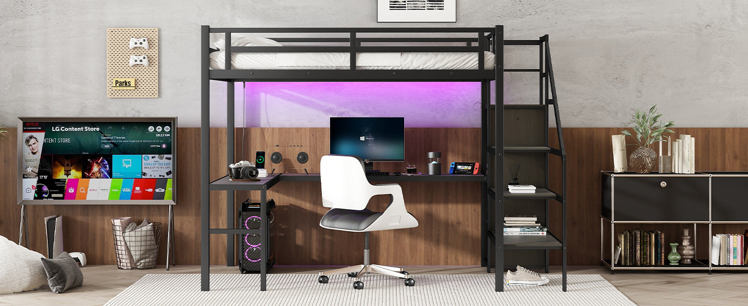 Full Xl Size Loft Bed With L Shaped Desk And Usb, Metal Loft Bed With Wardrobe And Adjustable Shelf, High Loft Bed With Led For Kids Teens Adults, Black Expect Arrive 2024 10 10 Full Xl Black Metal