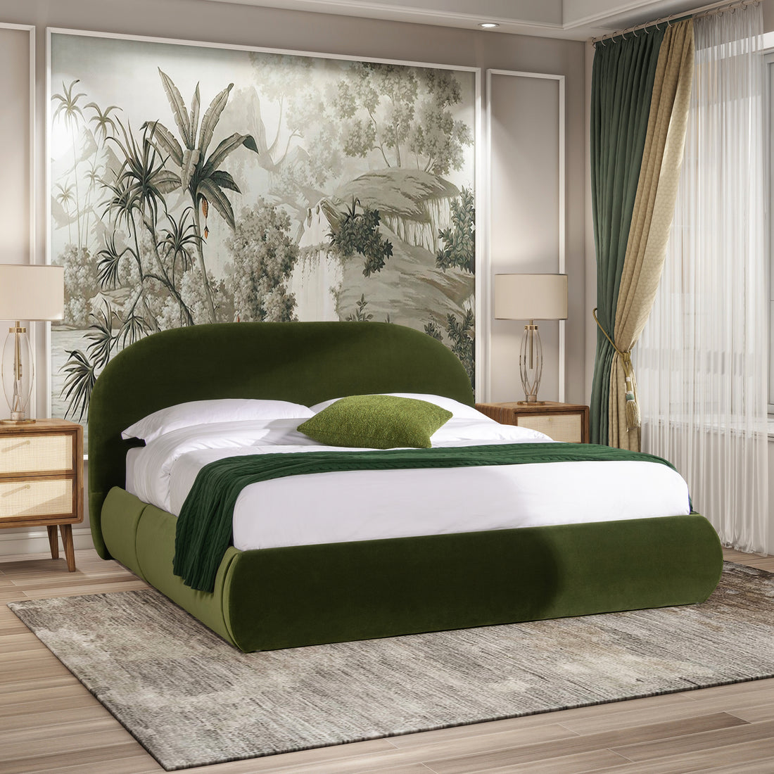 Archie Puffy Grounded Upholstered Platform Bed, Olive Green Performance Velvet Box Spring Not Required Queen Green Wood Foam Velvet Velvet