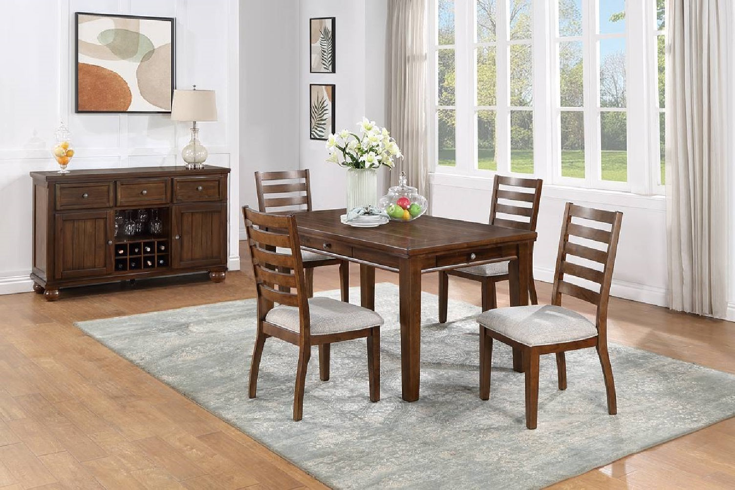 Contemporary Style 5Pc Dining Set Table W 4 Drawers 4X Side Chairs Ladder Back Walnut Finish Kitchen Dining Room Wood Dining Room Solid Wood Rubberwood Rectangular Dining Table With Chair Wood Wood Walnut Ladder Back Seats 4 60 Inches