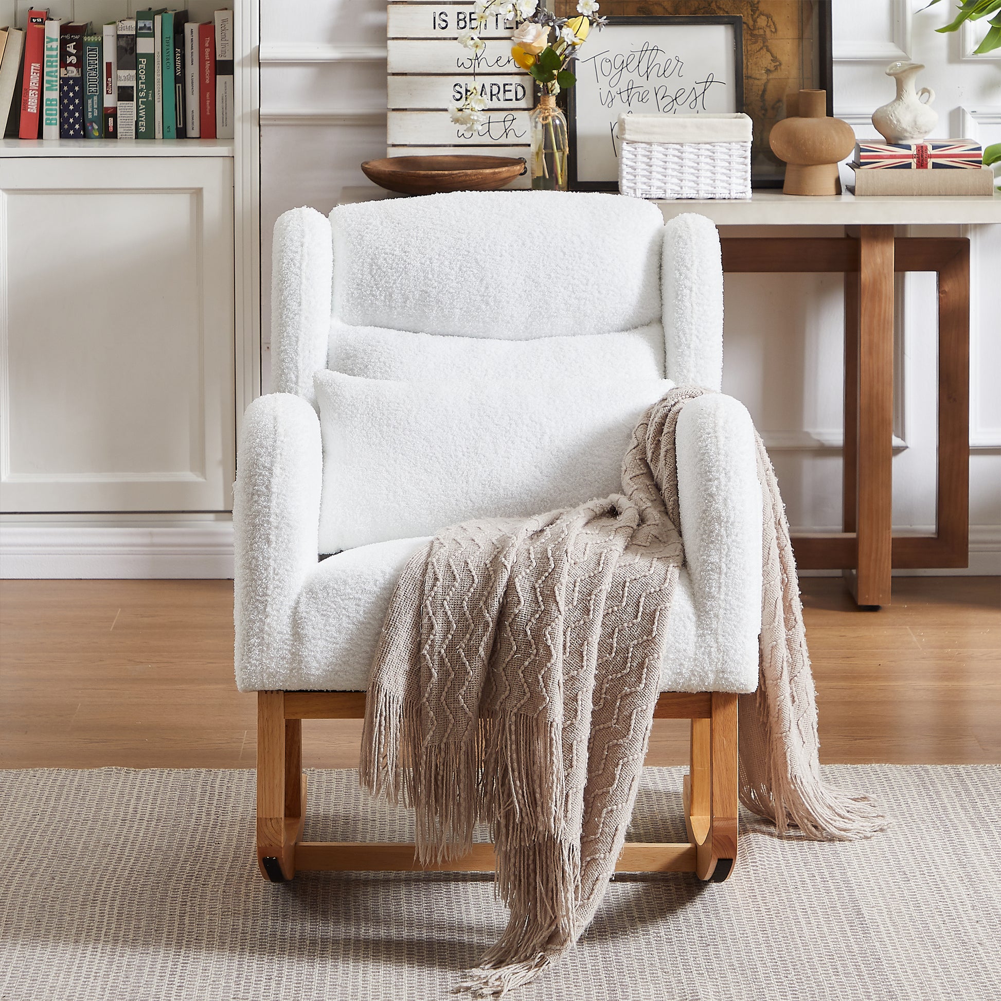 27.2"W Modern Accent High Backrest Living Room Lounge Arm Rocking Chair, Two Side Pocket Ivory Foam Fabric
