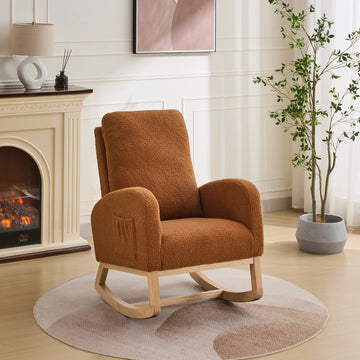 27.2"W Rocking Chair For Nursery, Sherpa Glider Chair With High Back And Side Pocket, Rocking Accent Armchair With Rubber Wood Legs For Living Room Bedroom.Caramel Caramel Sherpa