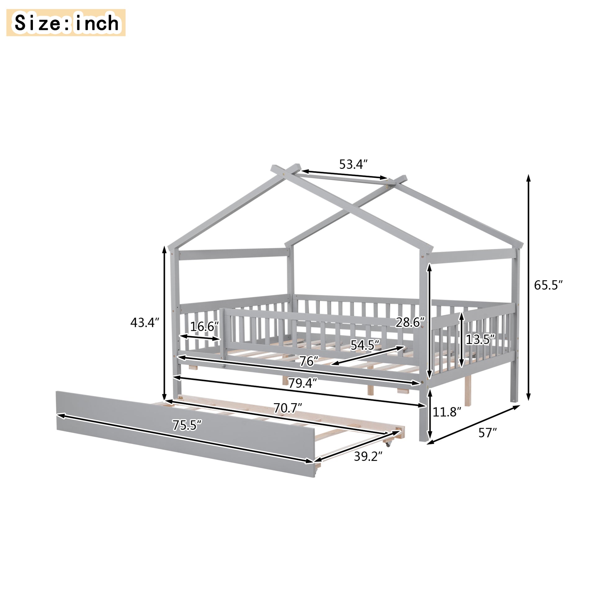 Full Size Wooden House Bed With Twin Size Trundle, Gray Full Gray Solid Wood Mdf