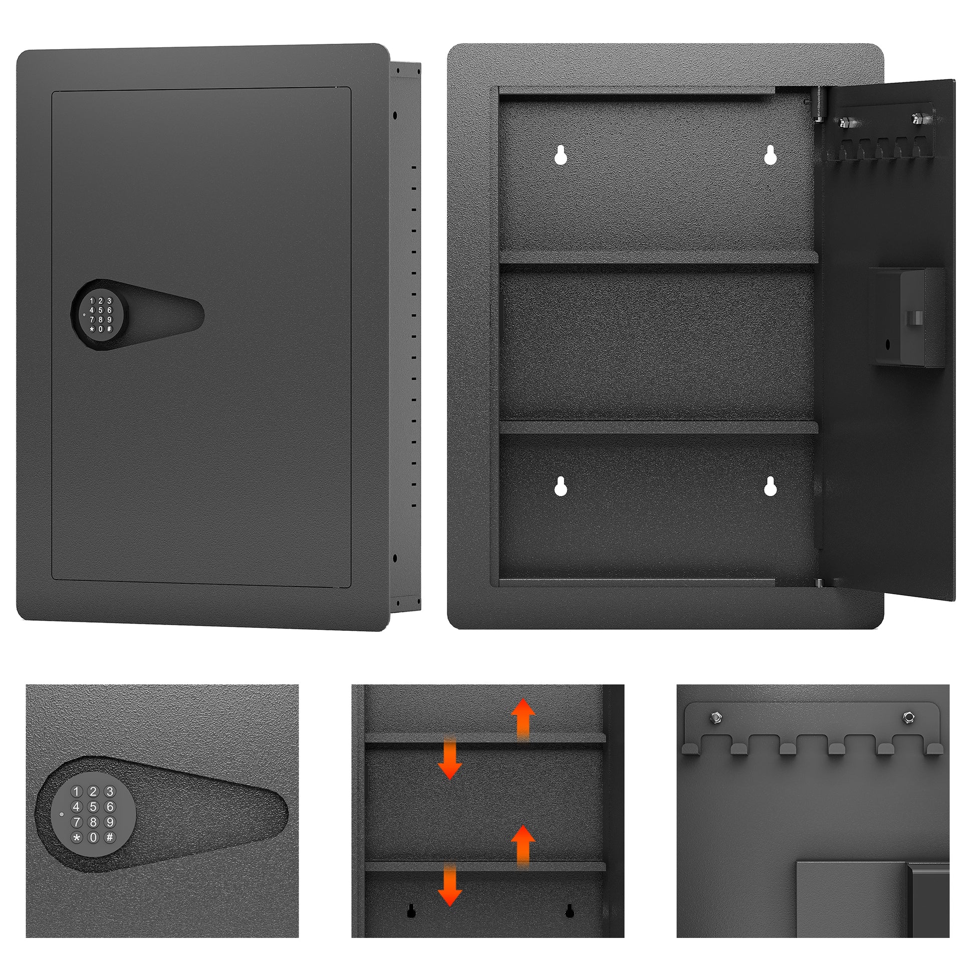 Wall Safes Between The Studs, Hidden Safe With Digital Keypad, Removable Shelves, In Wall Safe For Firearms, Gun, Valuables Black Black Steel