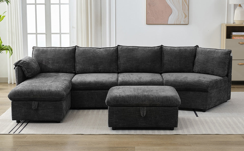 146.9" L Shaped Sofa Sectional Sofa Couch Pull Out Sofa Bed With A Movable Storage Ottoman, A Storage Chaise Lounge And Two Usb Ports For Living Room, Grey Grey Foam Linen 5 Seat