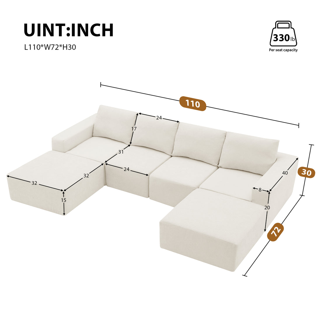 110*72" Modular U Shaped Sectional Sofa,Luxury Chenille Floor Couch Set,Upholstered Indoor Furniture,Foam Filled Sleeper Sofa Bed For Living Room,Bedroom,Free Combination,3 Colors Beige Polyester 6 Seat