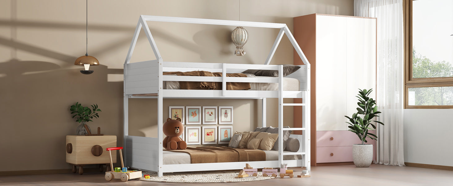 Twin Over Twin House Floor Bunk Bed With Headboards, Footboards And Guardrails, Ladder, Rubber Wood Bunk Bed With Safety Guardrails,White Twin White Rubber Wood
